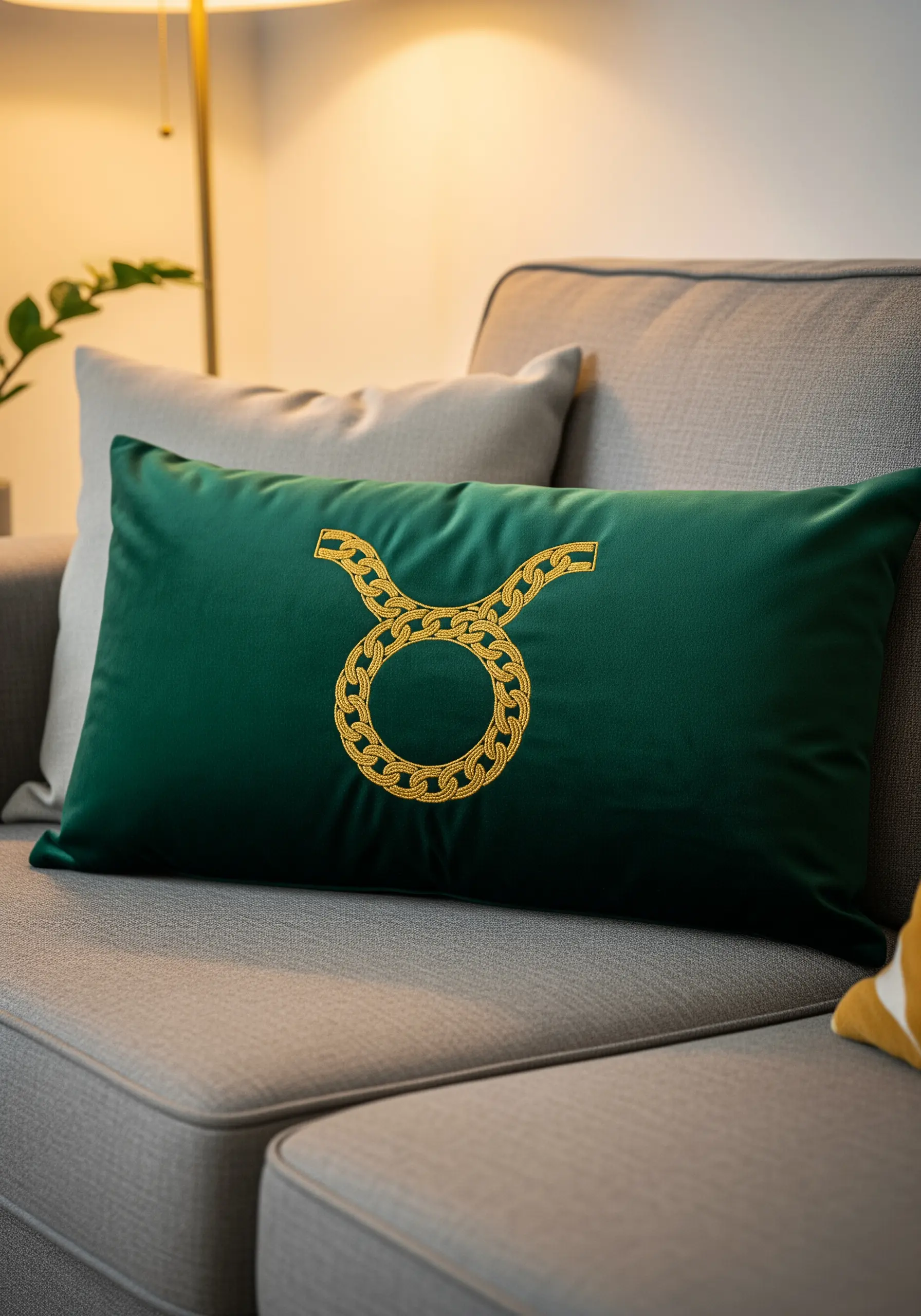 A dark green velvet pillow embroidered with a gold Taurus zodiac symbol designed as a chain.