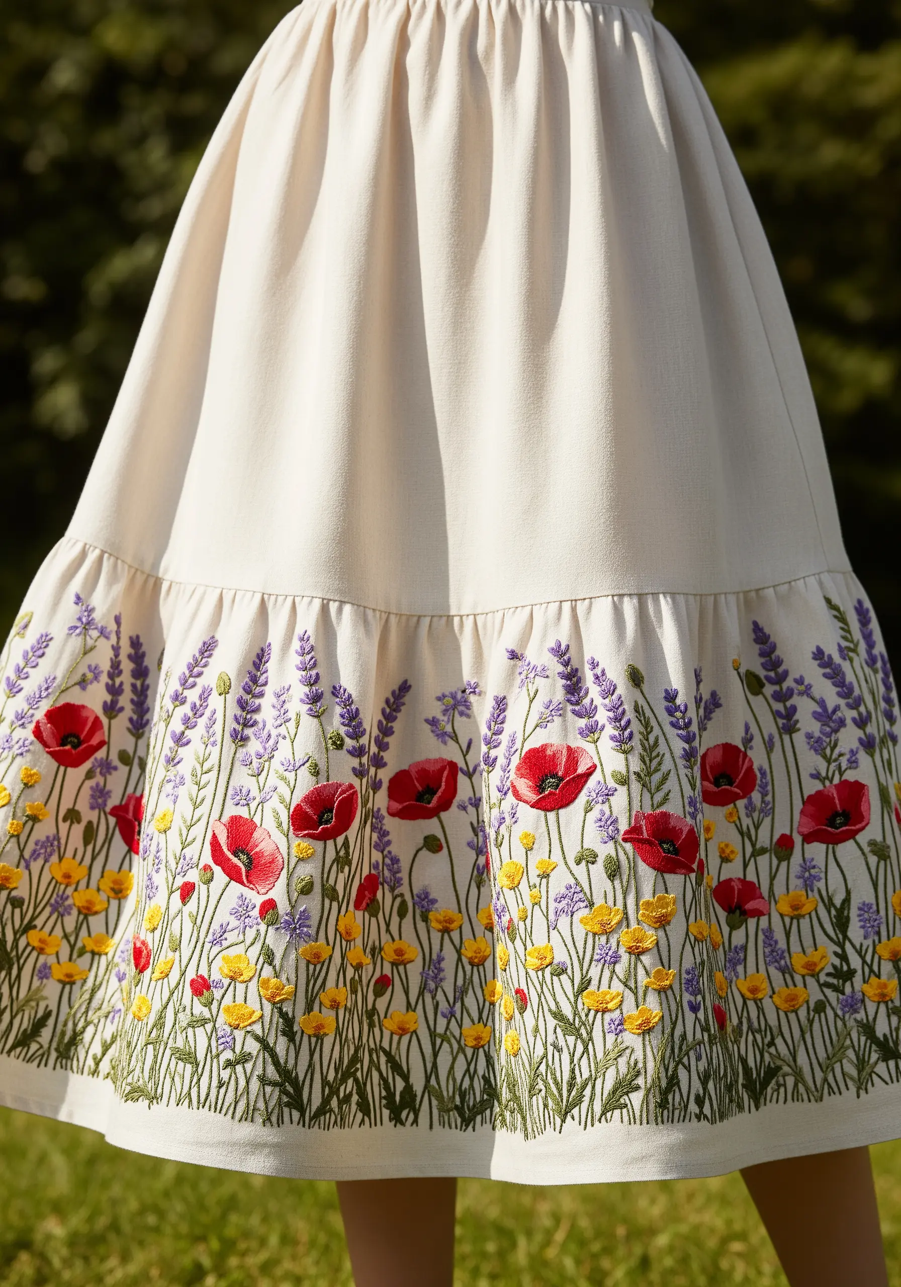 Dense floral border embroidery with poppies and lavender on a skirt hem.