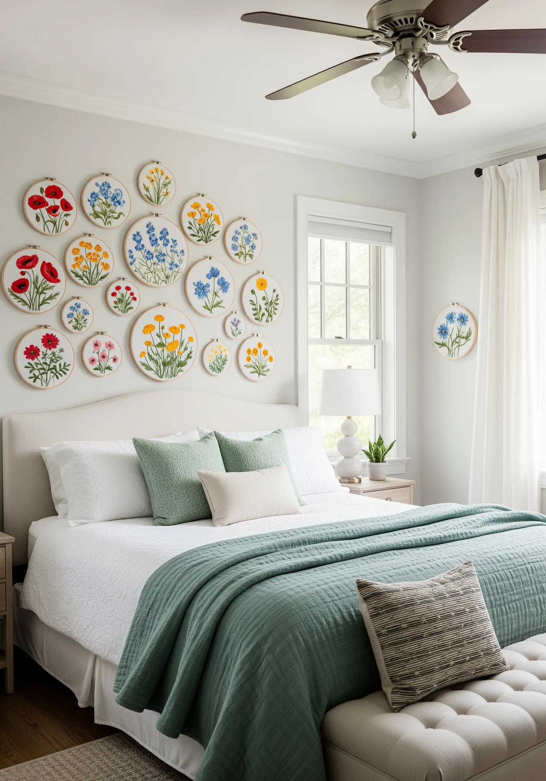 A gallery wall of various wildflower embroidery hoops above a bed.