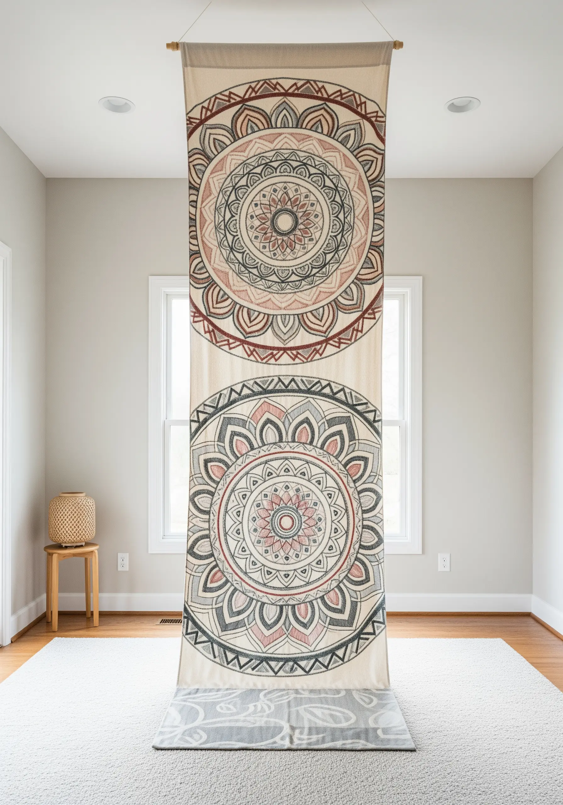A long fabric banner with two large embroidered mandalas in earthy tones hanging in a room