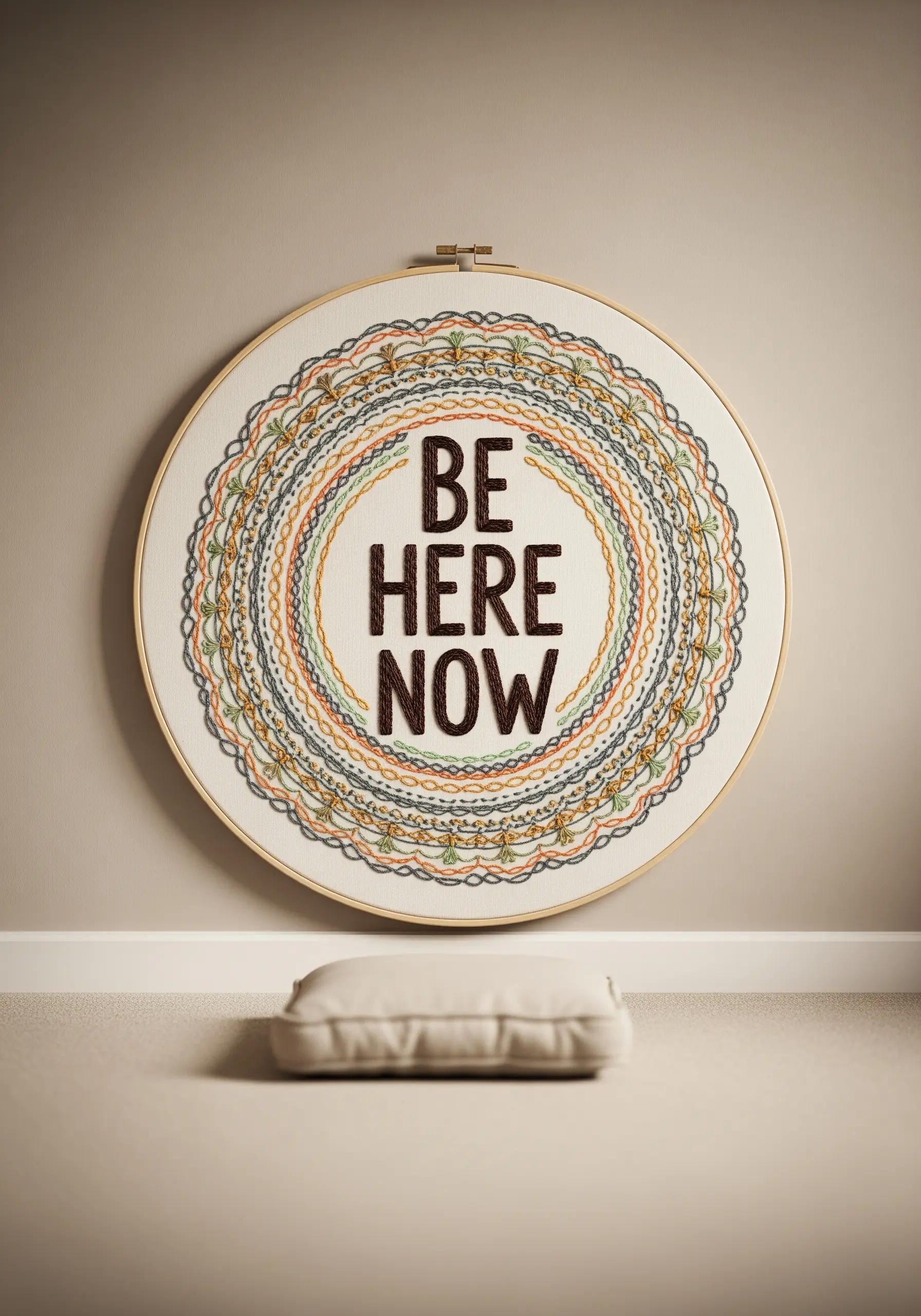 A quote in the center of a hoop, surrounded by concentric circles of decorative mandala stitches.