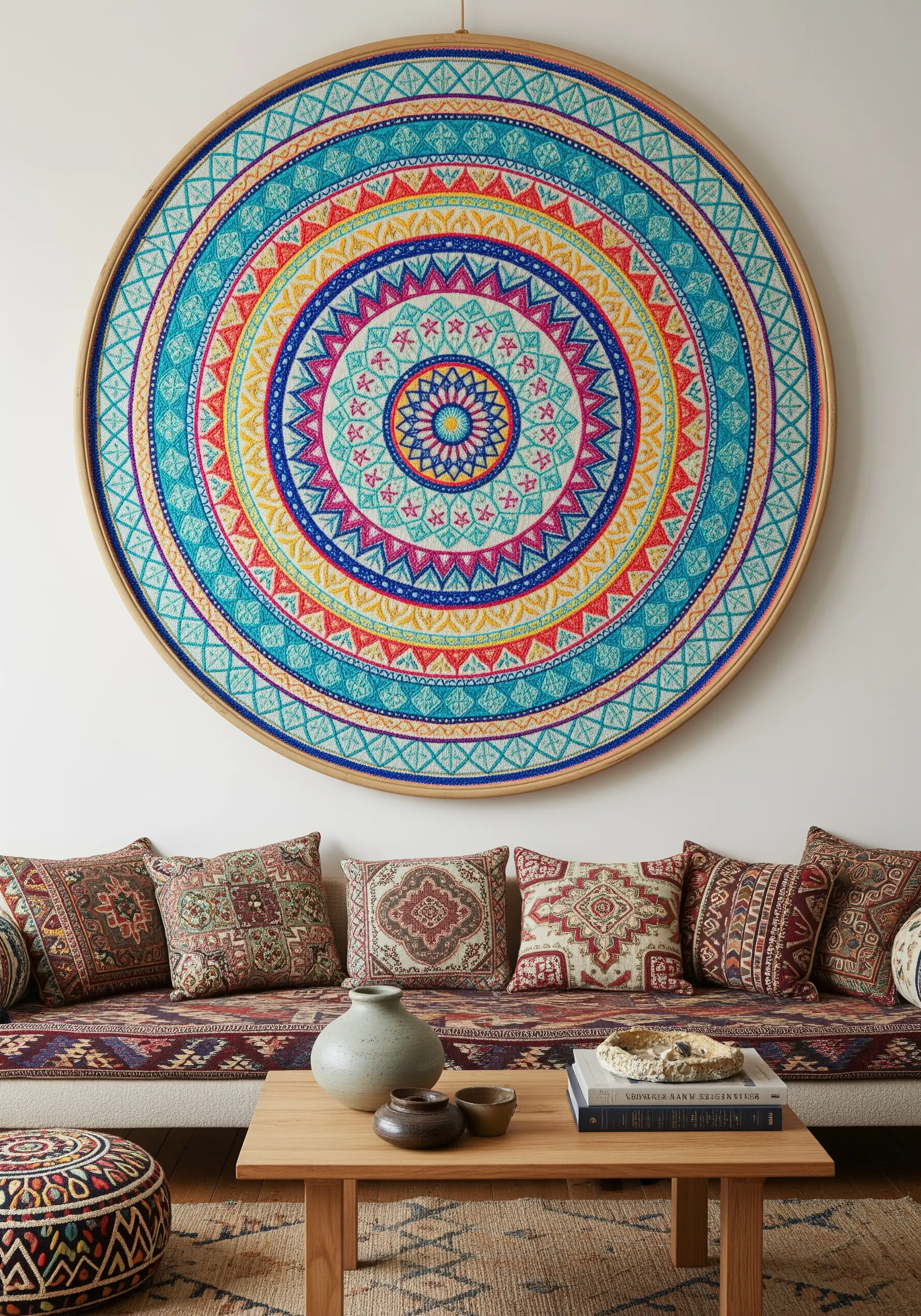 A very large, colorful, and intricate embroidered mandala hanging above a patterned sofa.