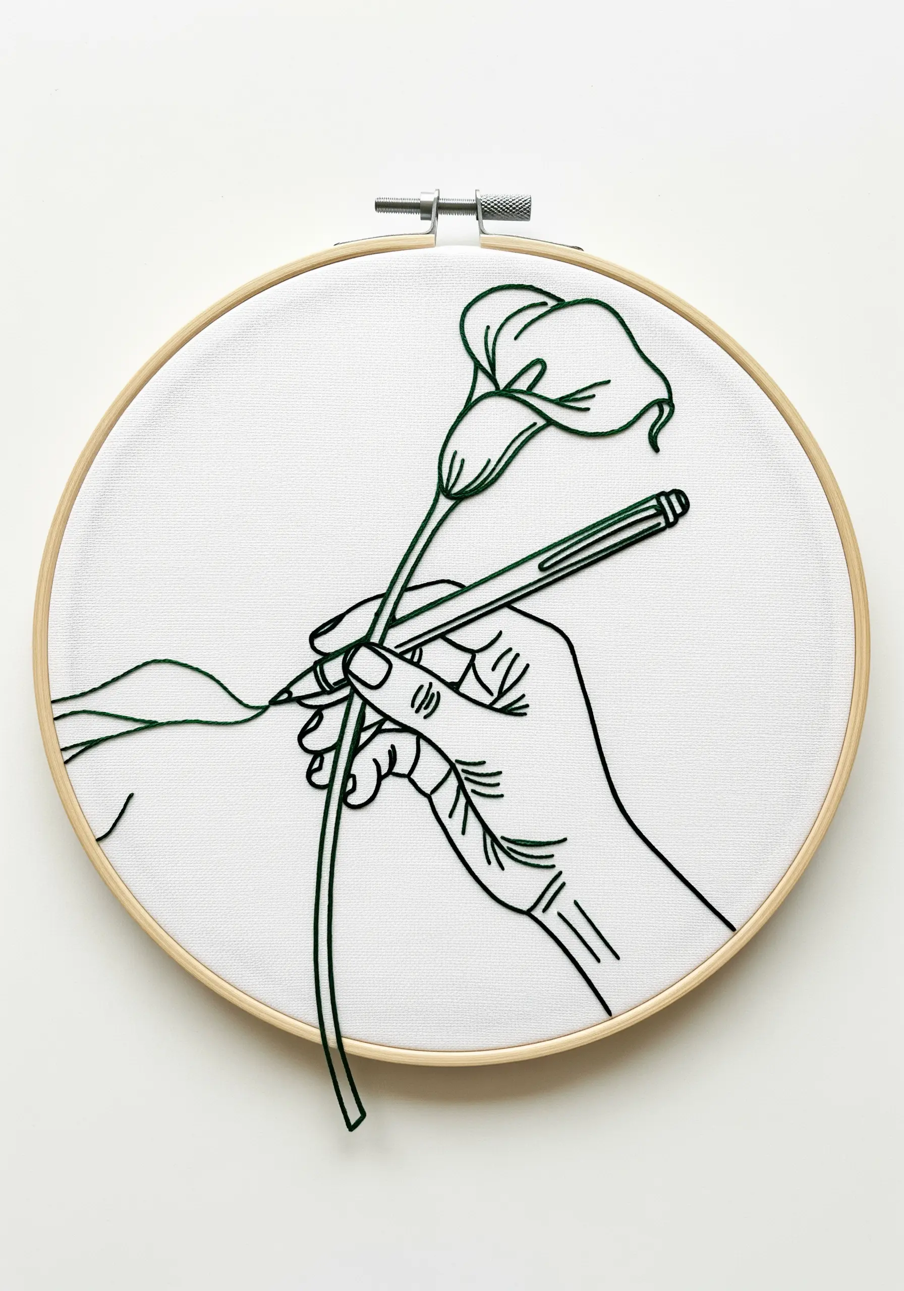 Line art hand holding a pen, which is 'drawing' a flower with the embroidery thread itself.