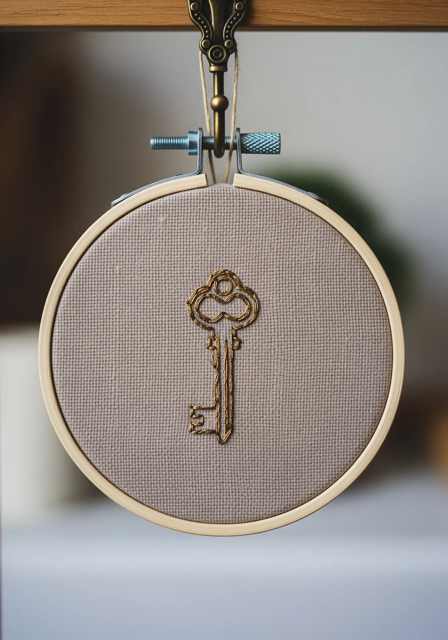 An antique key embroidered with gold thread using the couching technique.