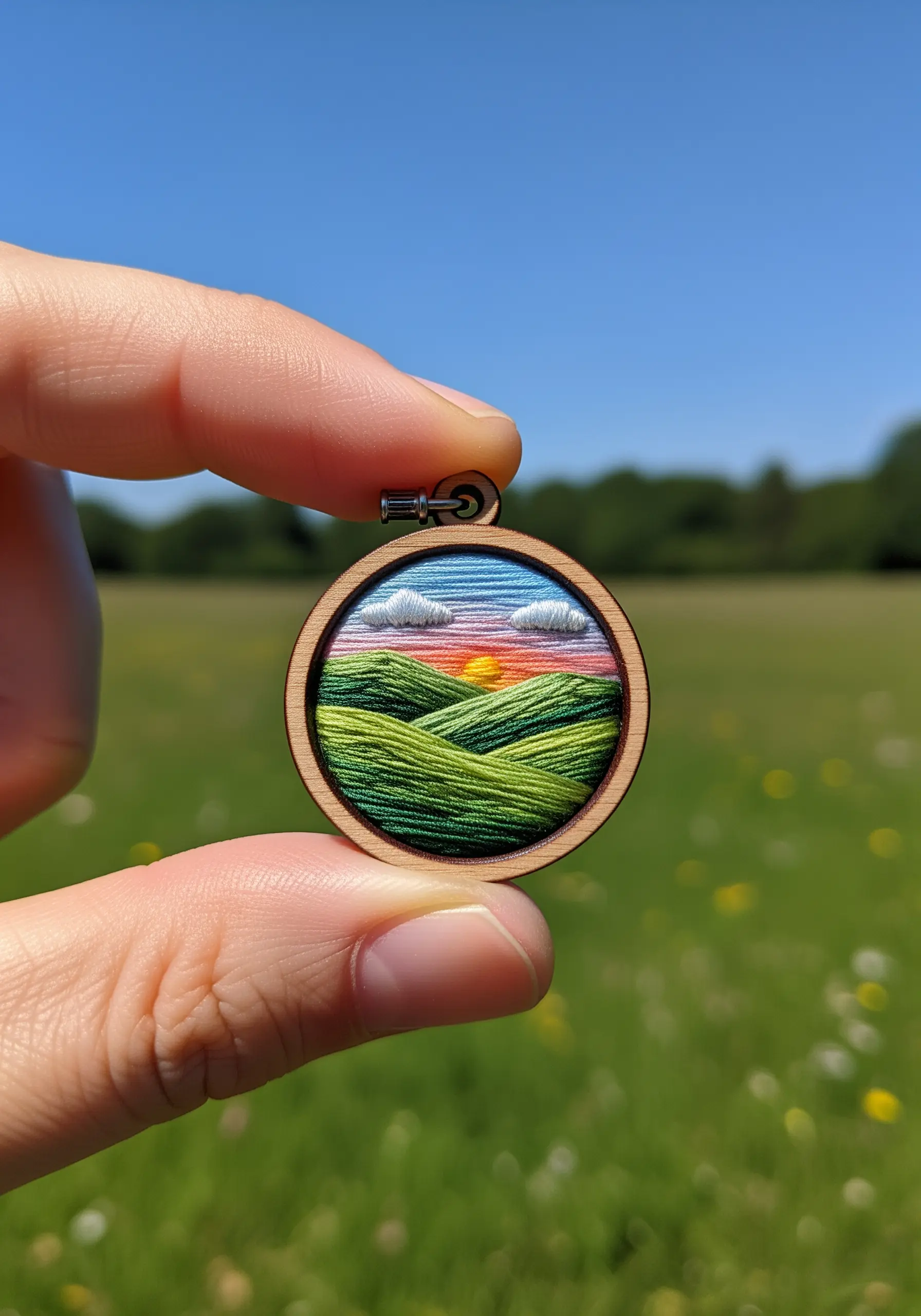 A tiny embroidery hoop pendant showing a vibrant sunset over rolling green hills.
