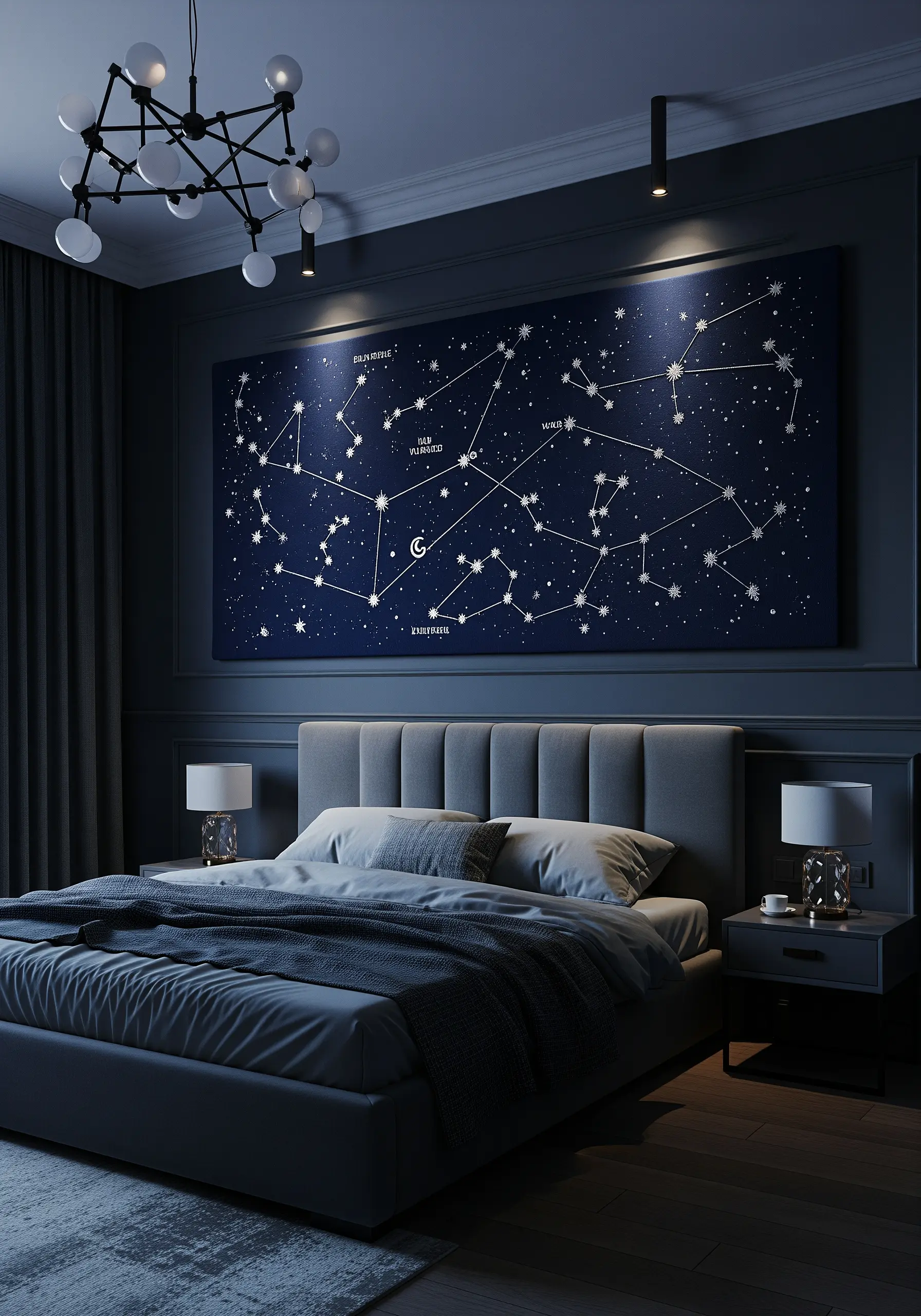 A large navy blue wall tapestry embroidered with white star constellations over a bed.
