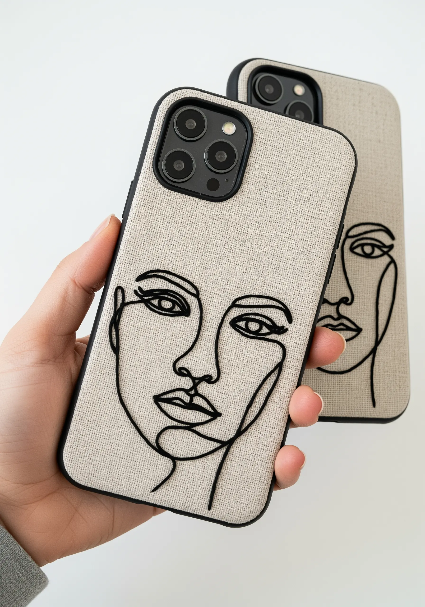 Black thread embroidery of a minimalist line art face on a textured beige phone case.