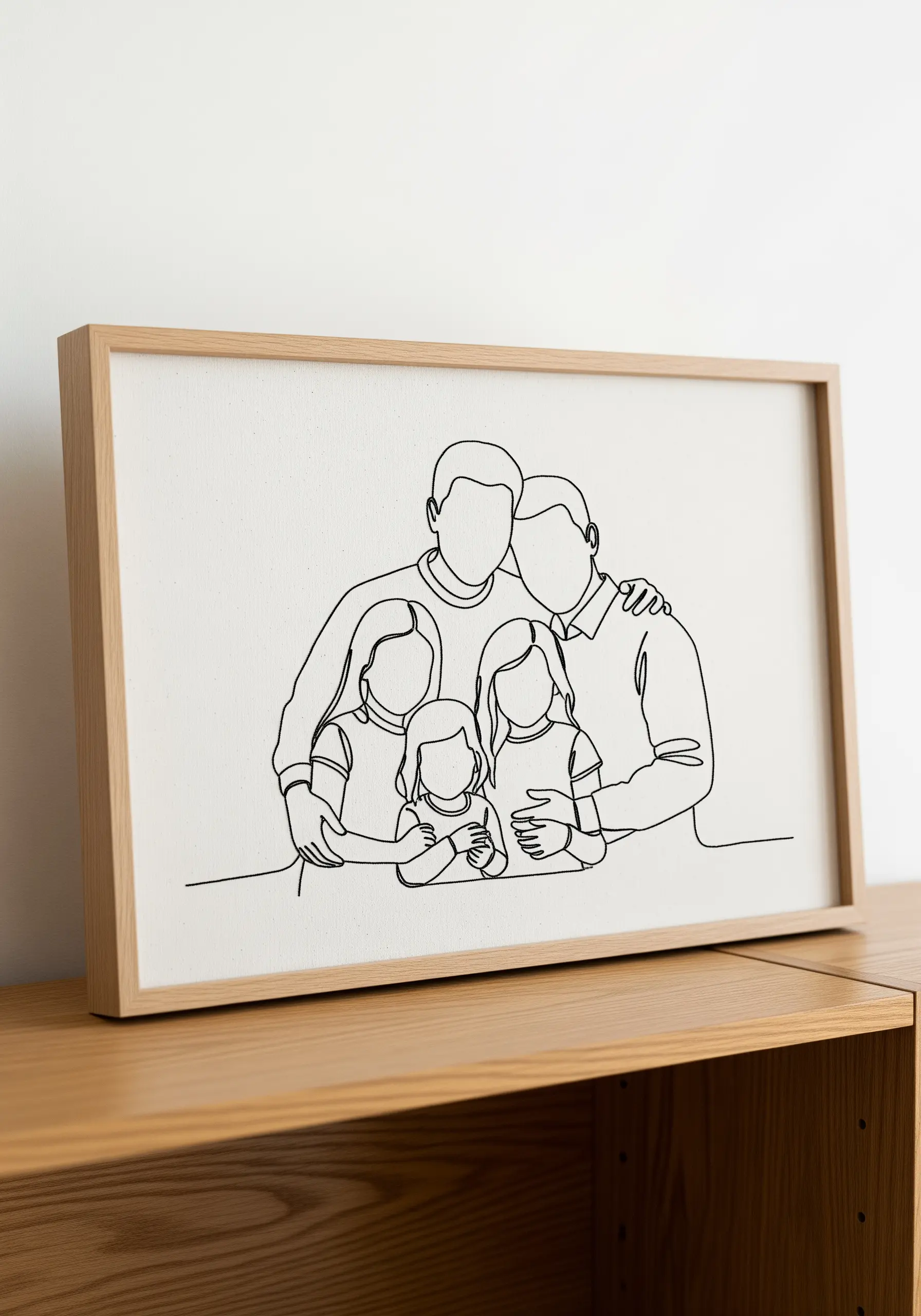 Framed one-line embroidery portrait of a family of five.