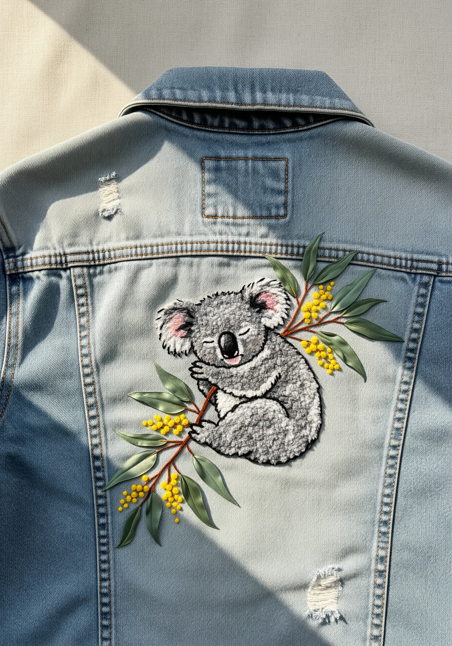 Embroidered koala with textured fur and satin stitch leaves on the back of a denim jacket.