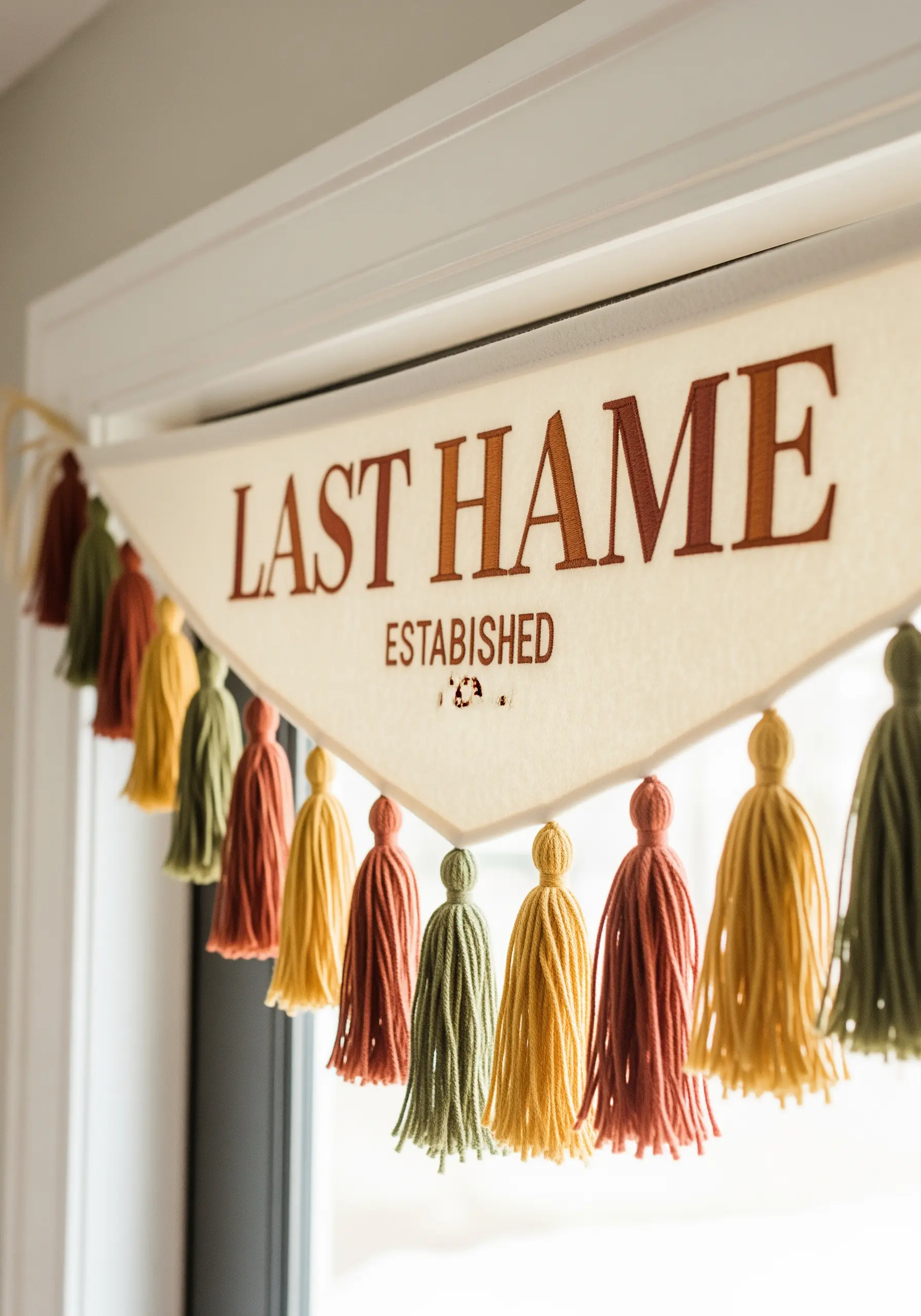 Embroidered family name pennant banner with multi-colored yarn tassels.