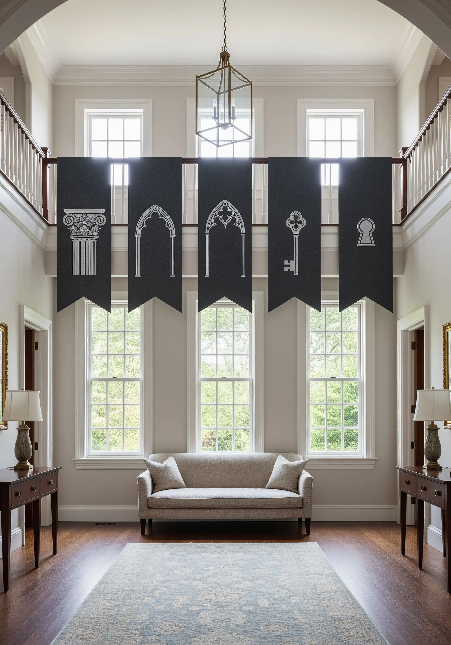 Five black banners with white line-art embroidery of architectural forms.