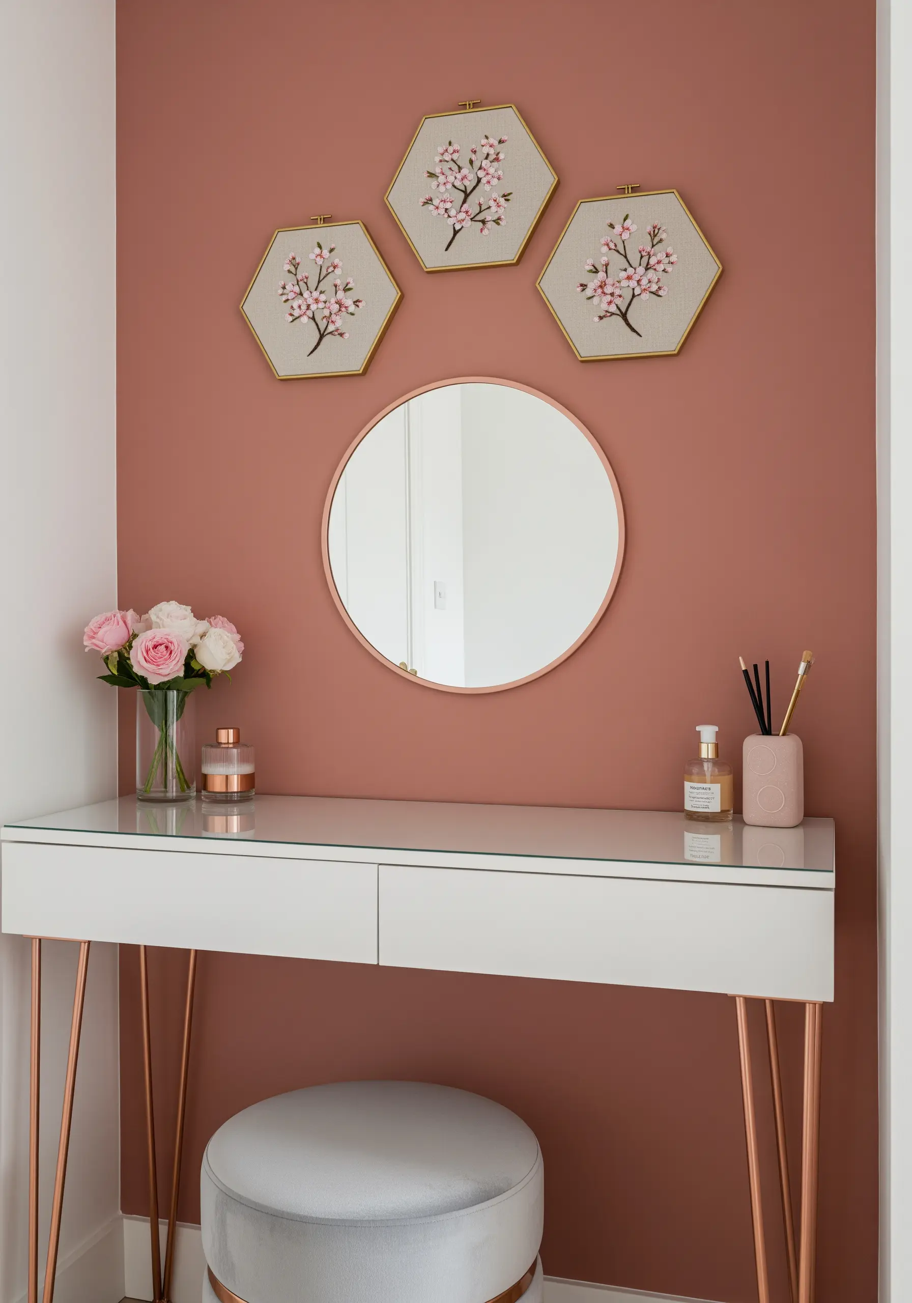 Triptych of three hexagonal embroidery hoops with pink cherry blossoms on a dusty rose wall.