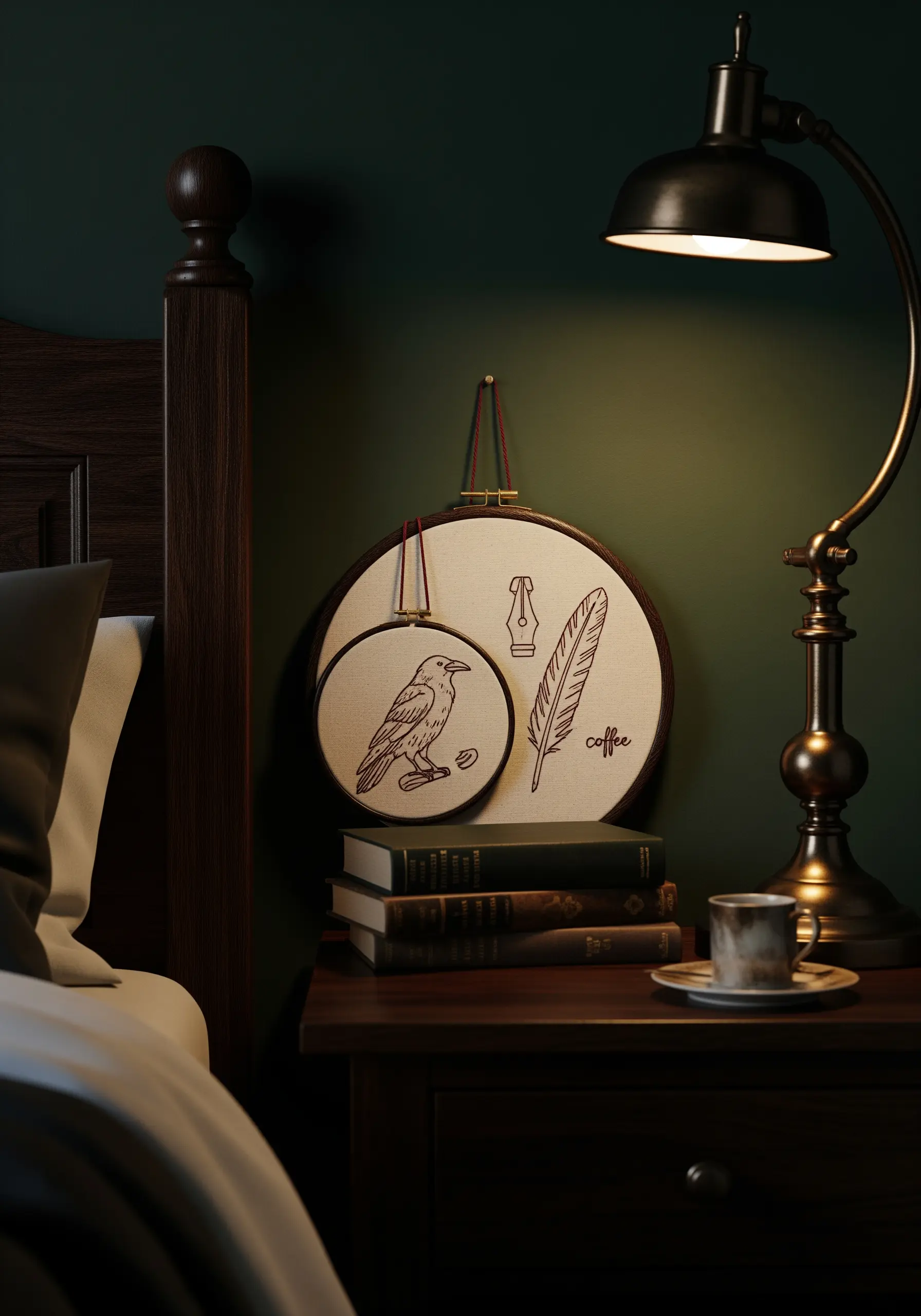 Two layered embroidery hoops with dark academia motifs: a raven, a pen, and a feather.