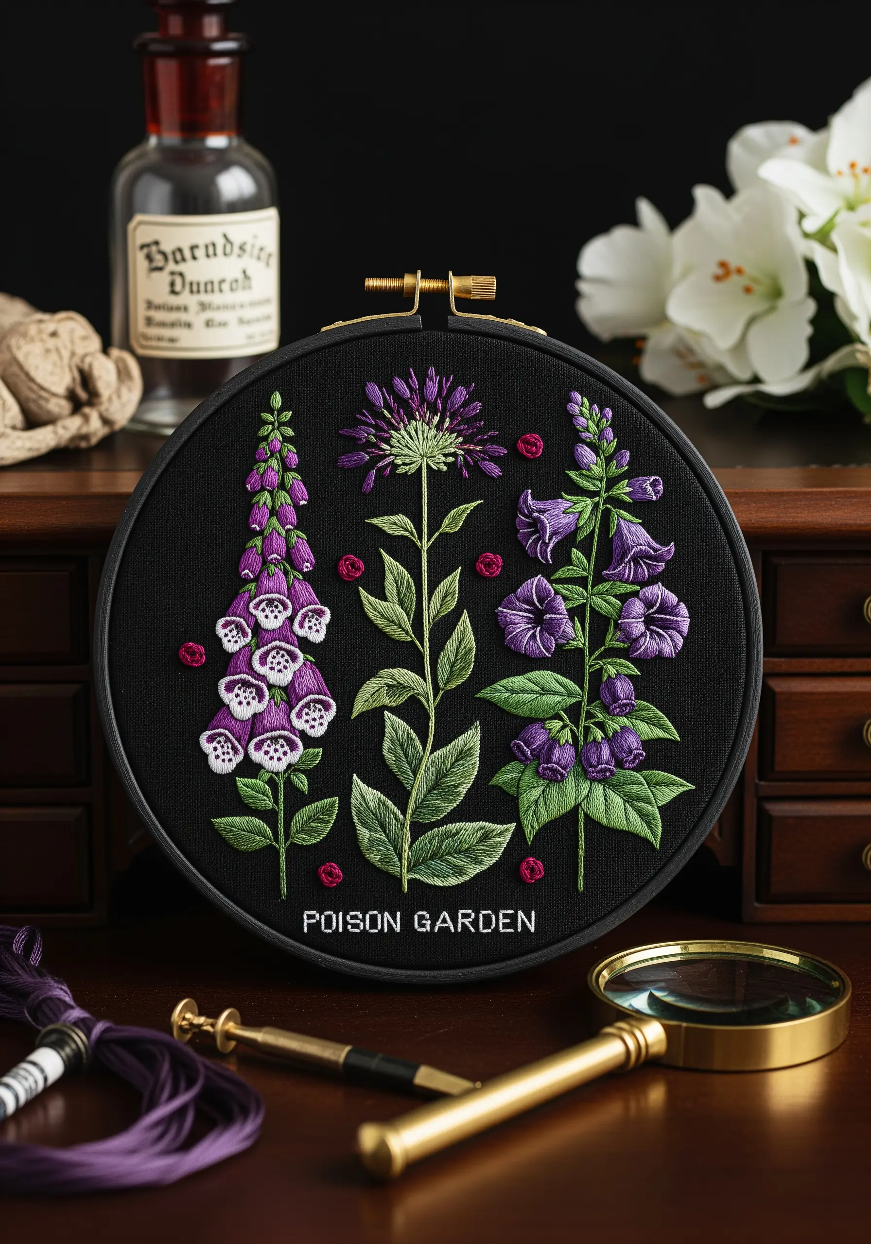 A moody 'Poison Garden' embroidery with foxglove and other purple flowers on black fabric.