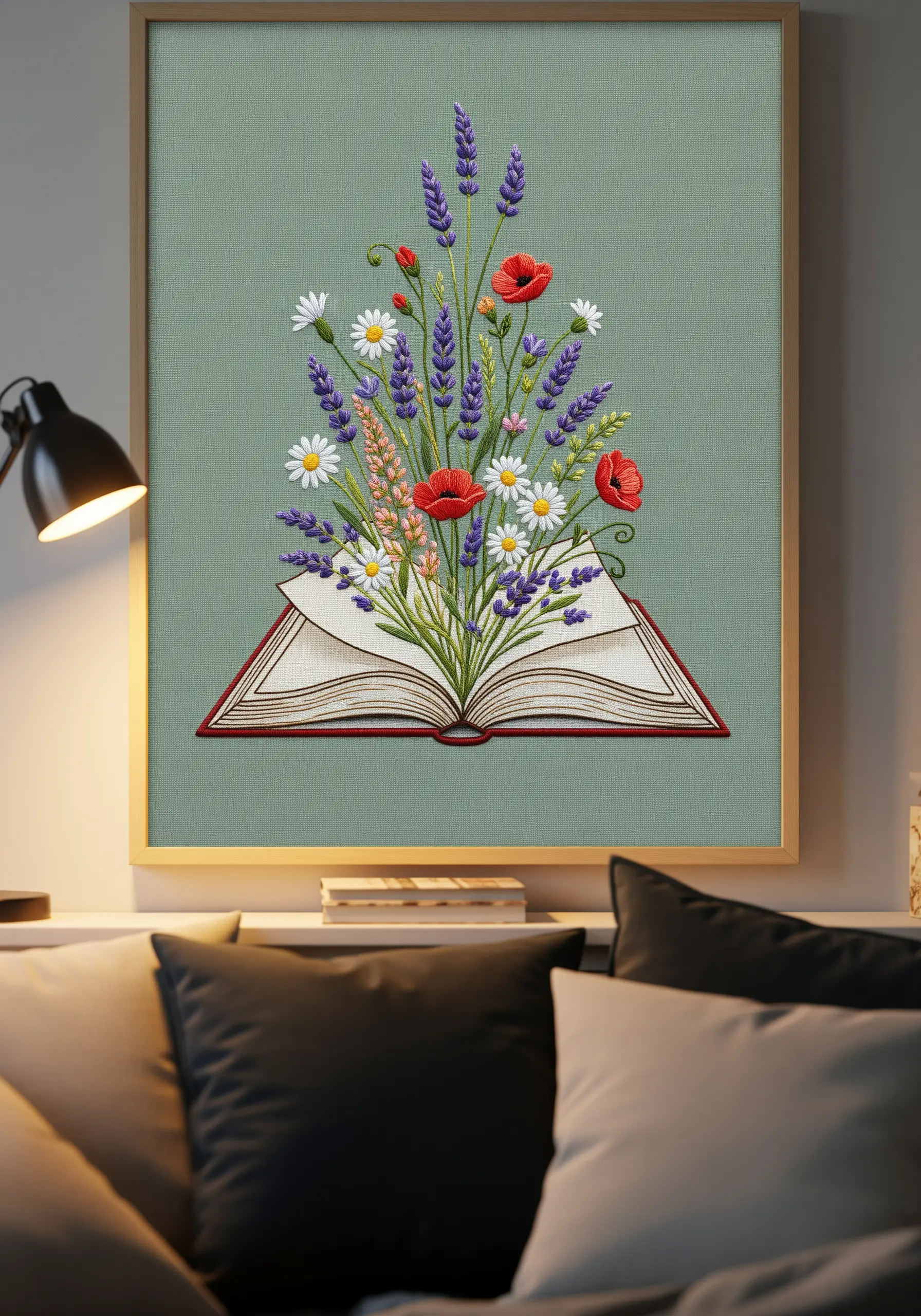 Framed embroidery of a bouquet of wildflowers growing out of an open book.