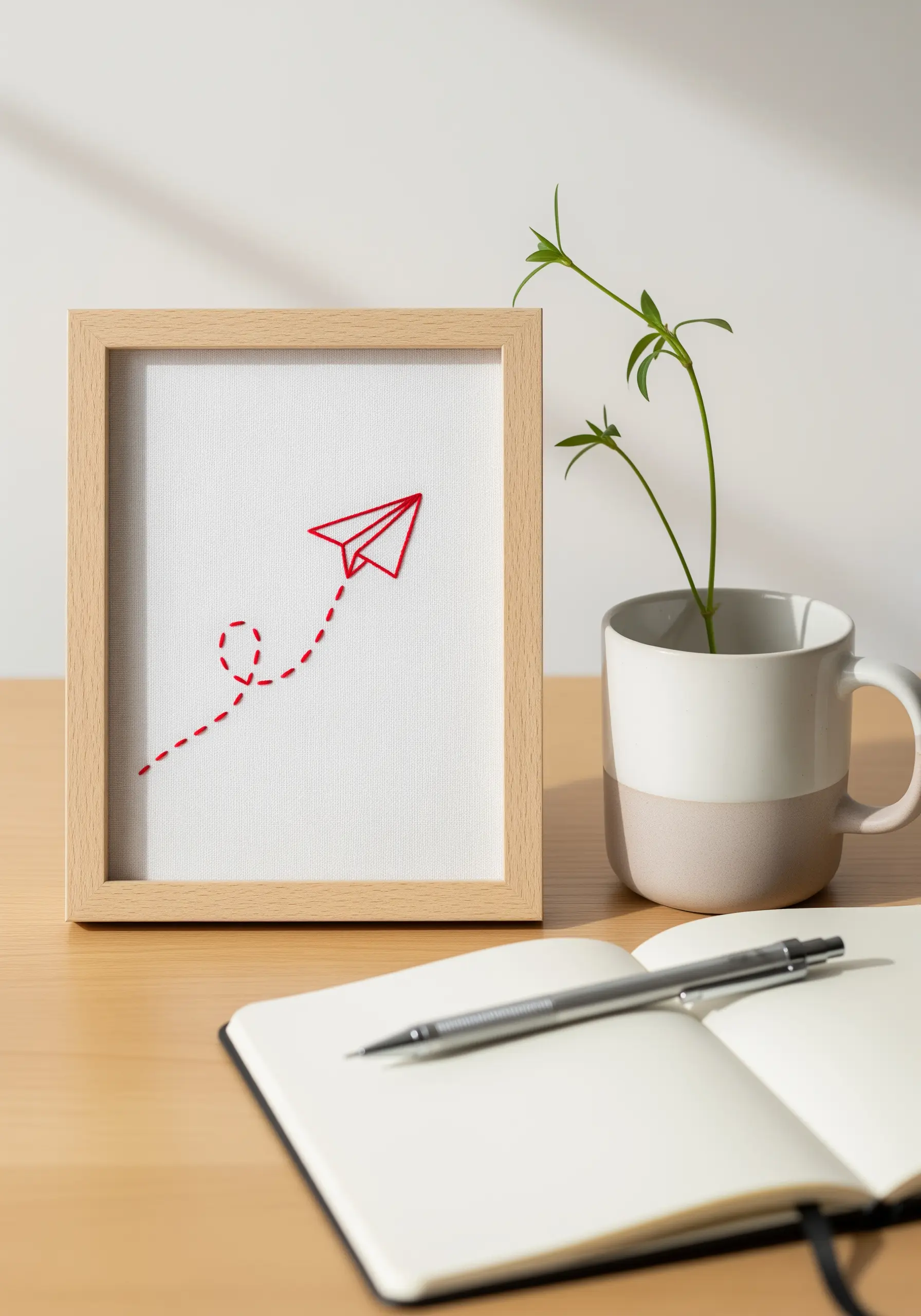 A red paper airplane with a dotted flight path stitched and framed on a desk.