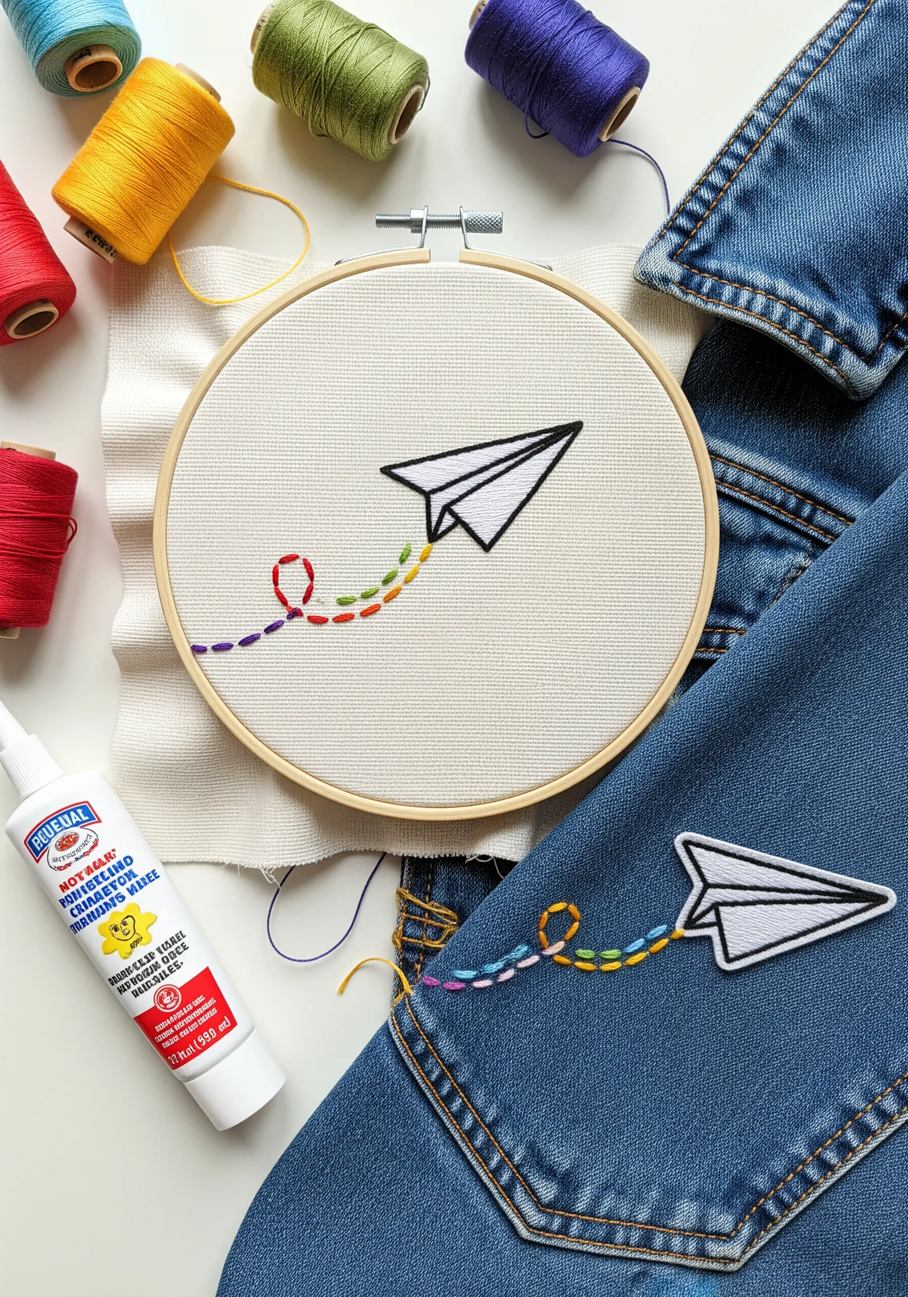 Embroidered paper airplane patch being applied to a denim jacket with fabric glue.