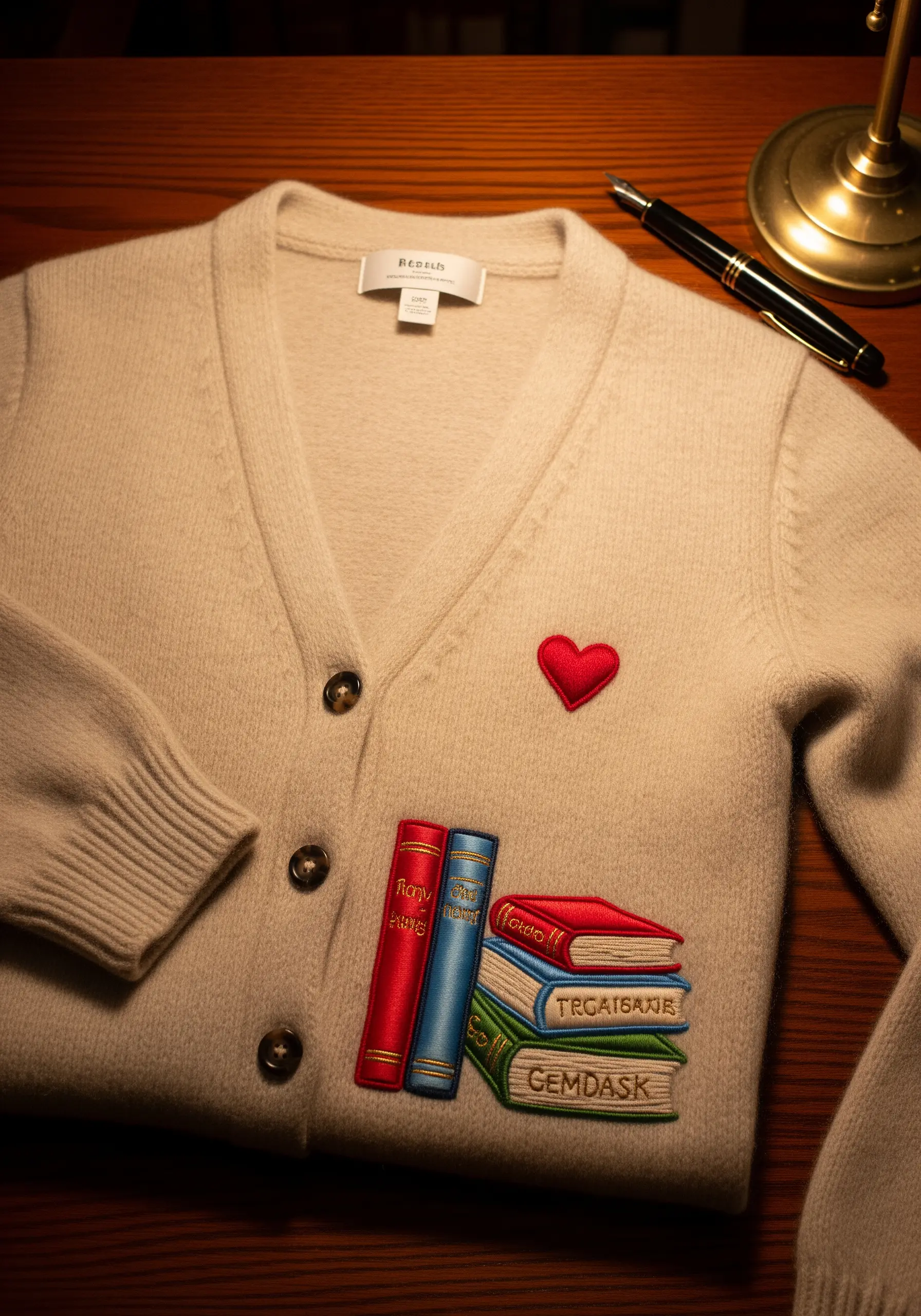 Padded appliqué embroidery of a stack of books and a heart on a cream-colored cardigan.