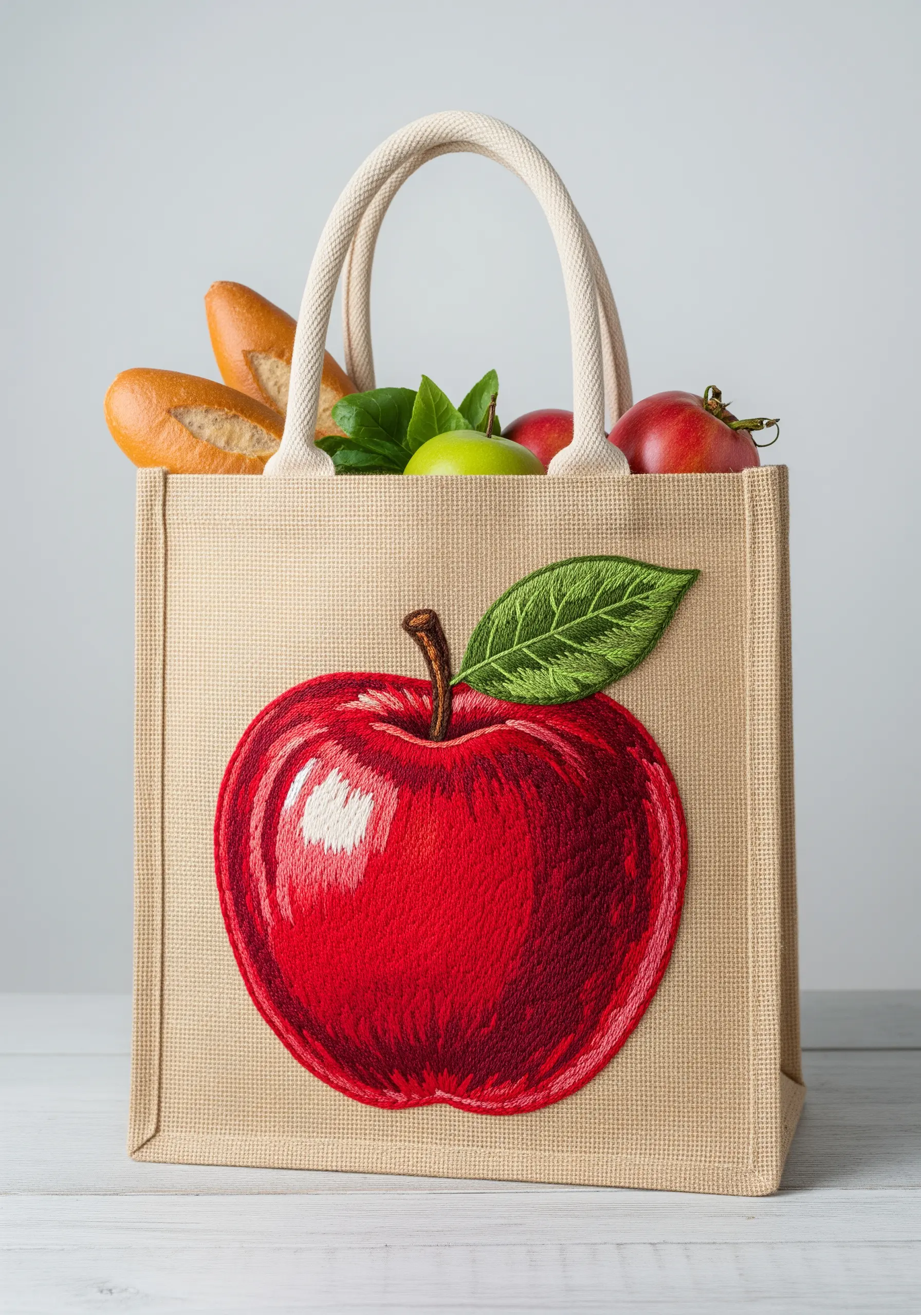 A realistic embroidered apple with blended red threads to create a shiny effect.