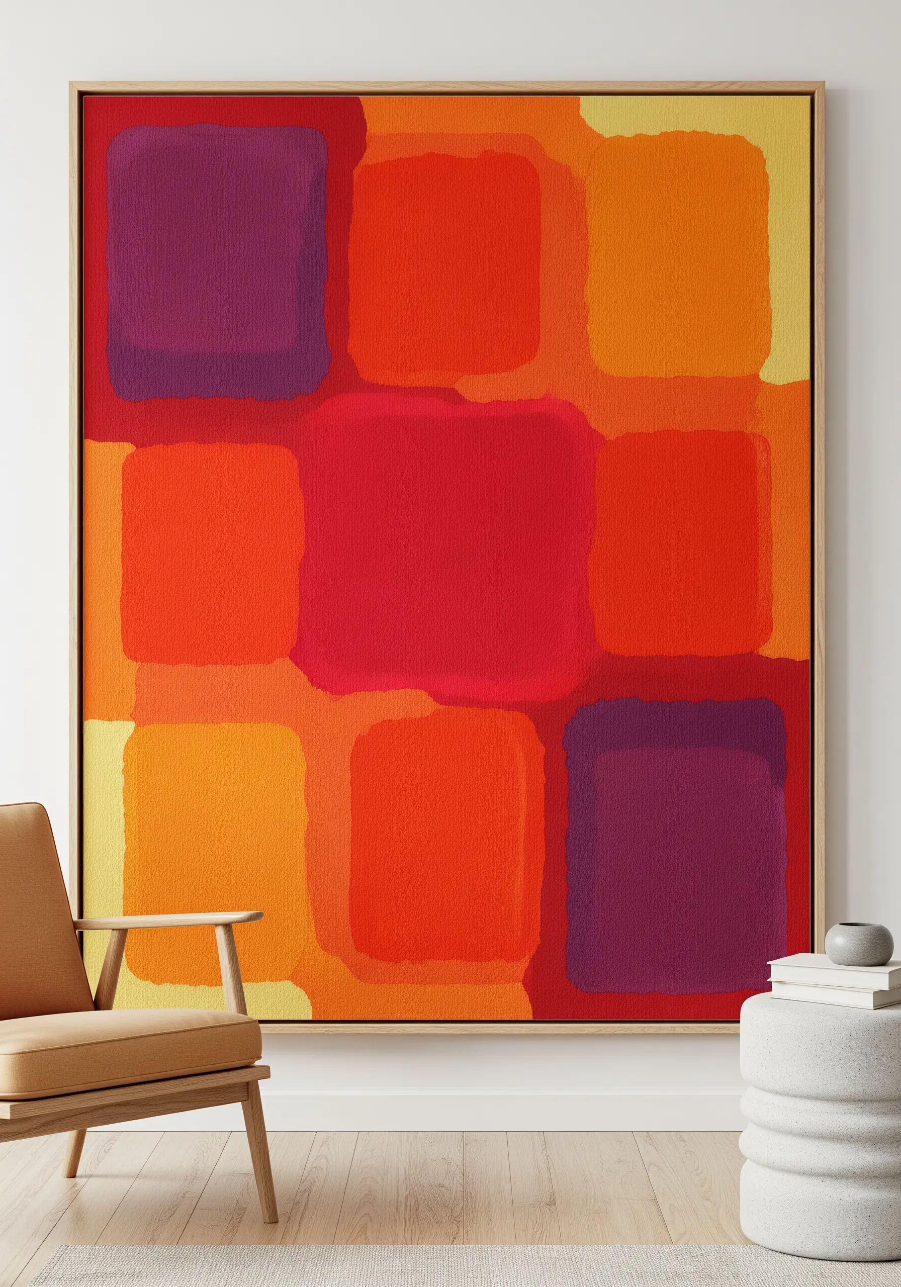 A large, framed piece of abstract art with soft-edged squares of red, orange, and purple.