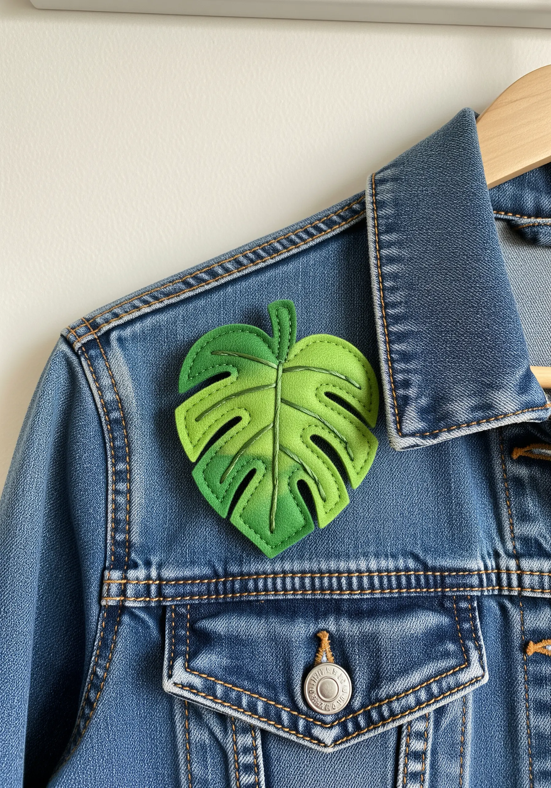 A hand-embroidered Monstera leaf patch with painted green details, sitting on a denim jacket.