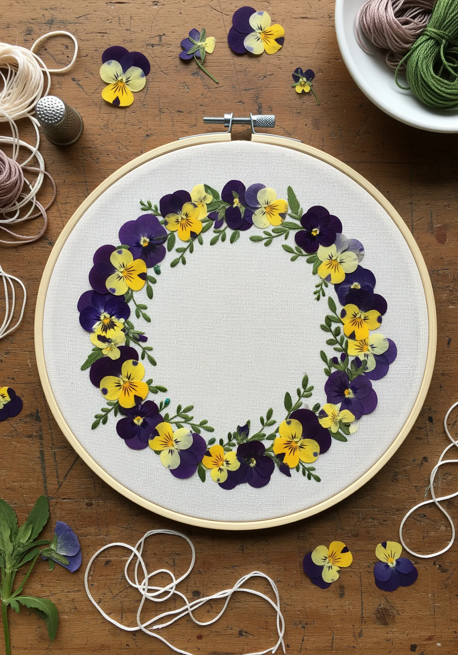 A floral wreath embroidery hoop using pressed purple and yellow pansies and green stitched leaves.