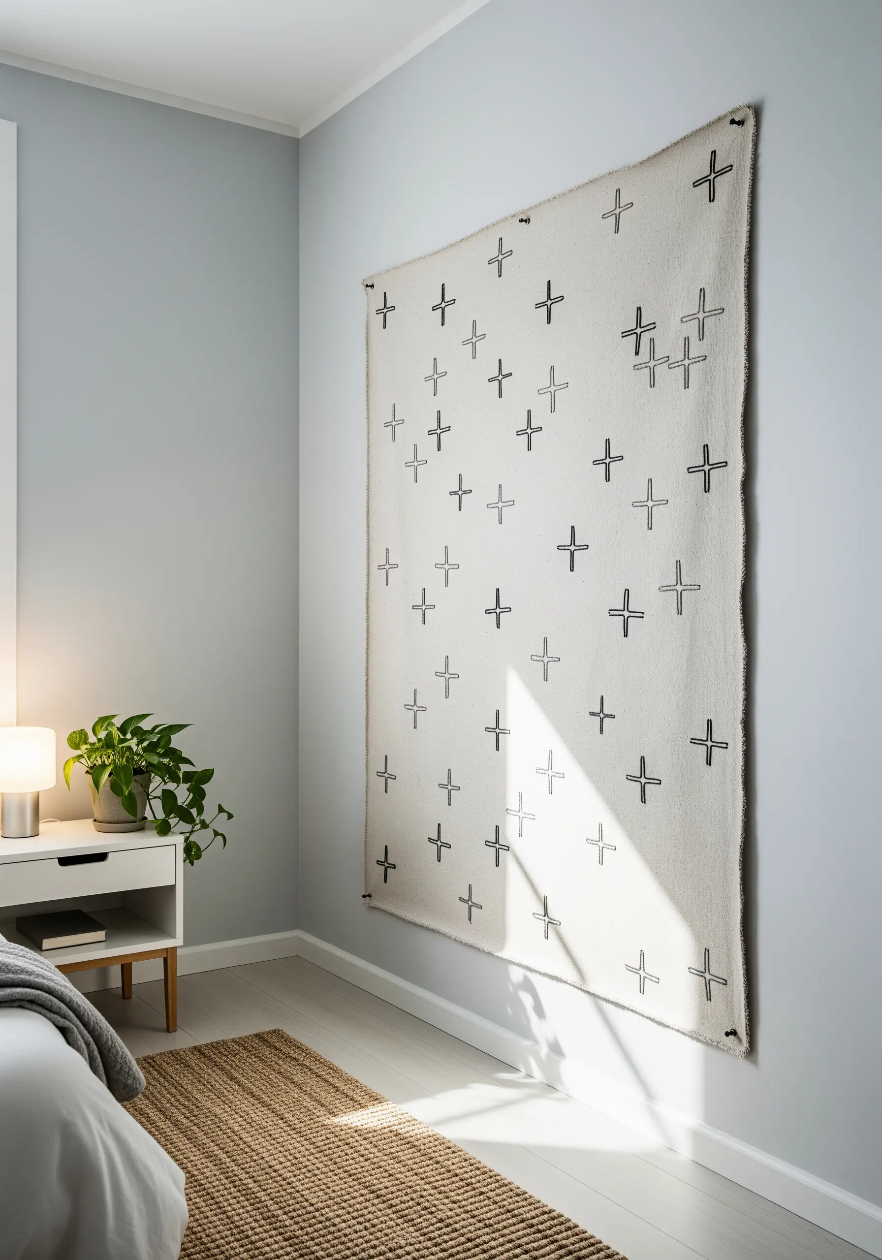 A large off-white fabric wall hanging with a scattered pattern of simple black stitched crosses.