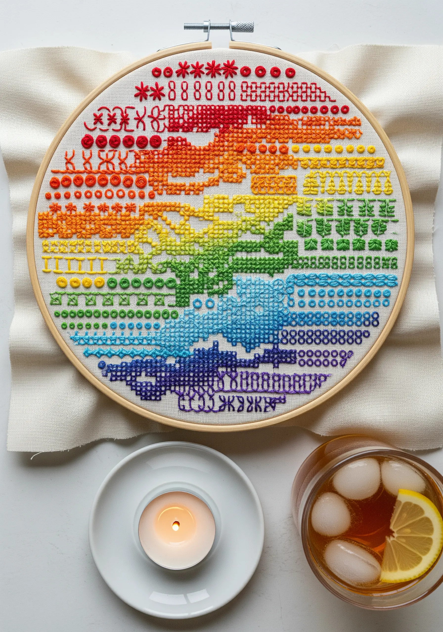 A large embroidery hoop filled with a rainbow sampler of dozens of different stitch types.