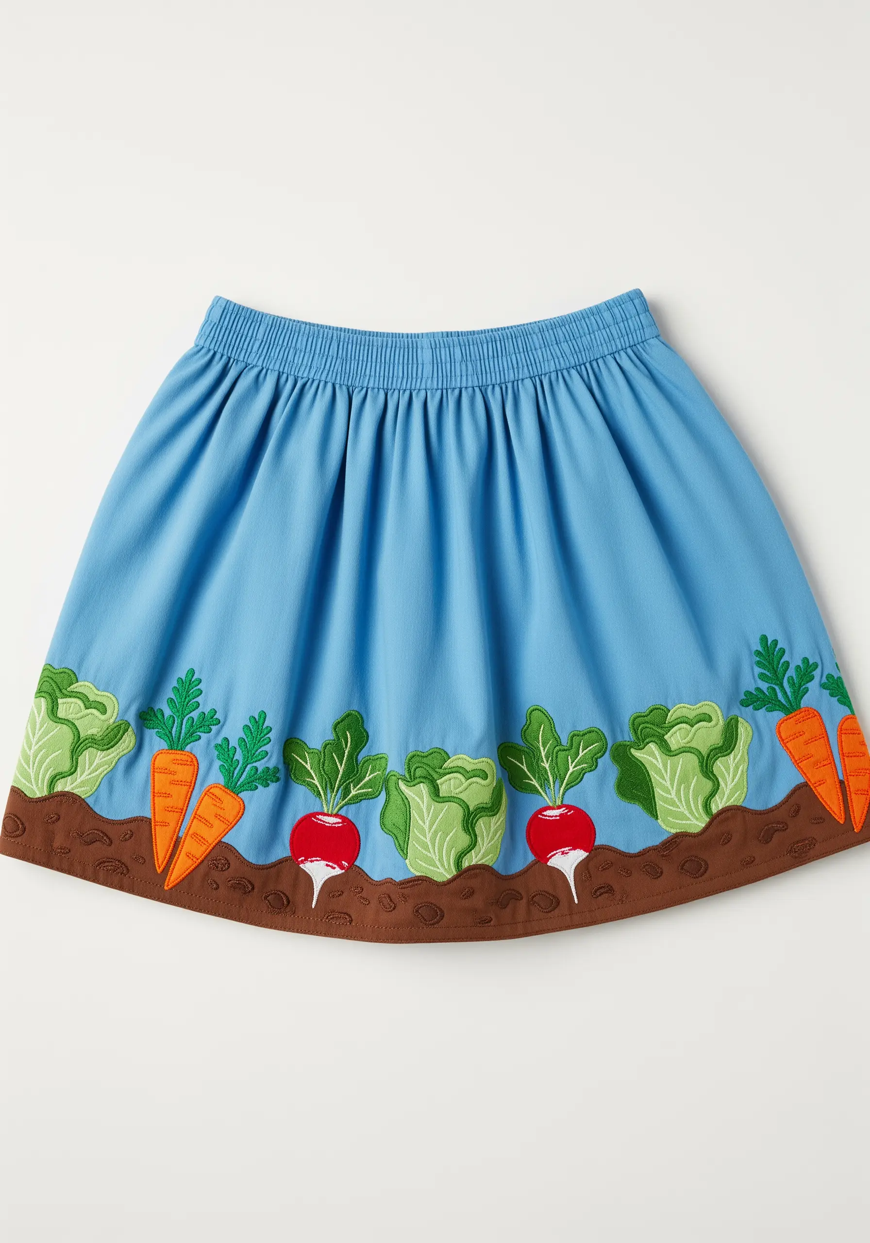 A whimsical vegetable garden scene with appliqué carrots and lettuce on a blue skirt.