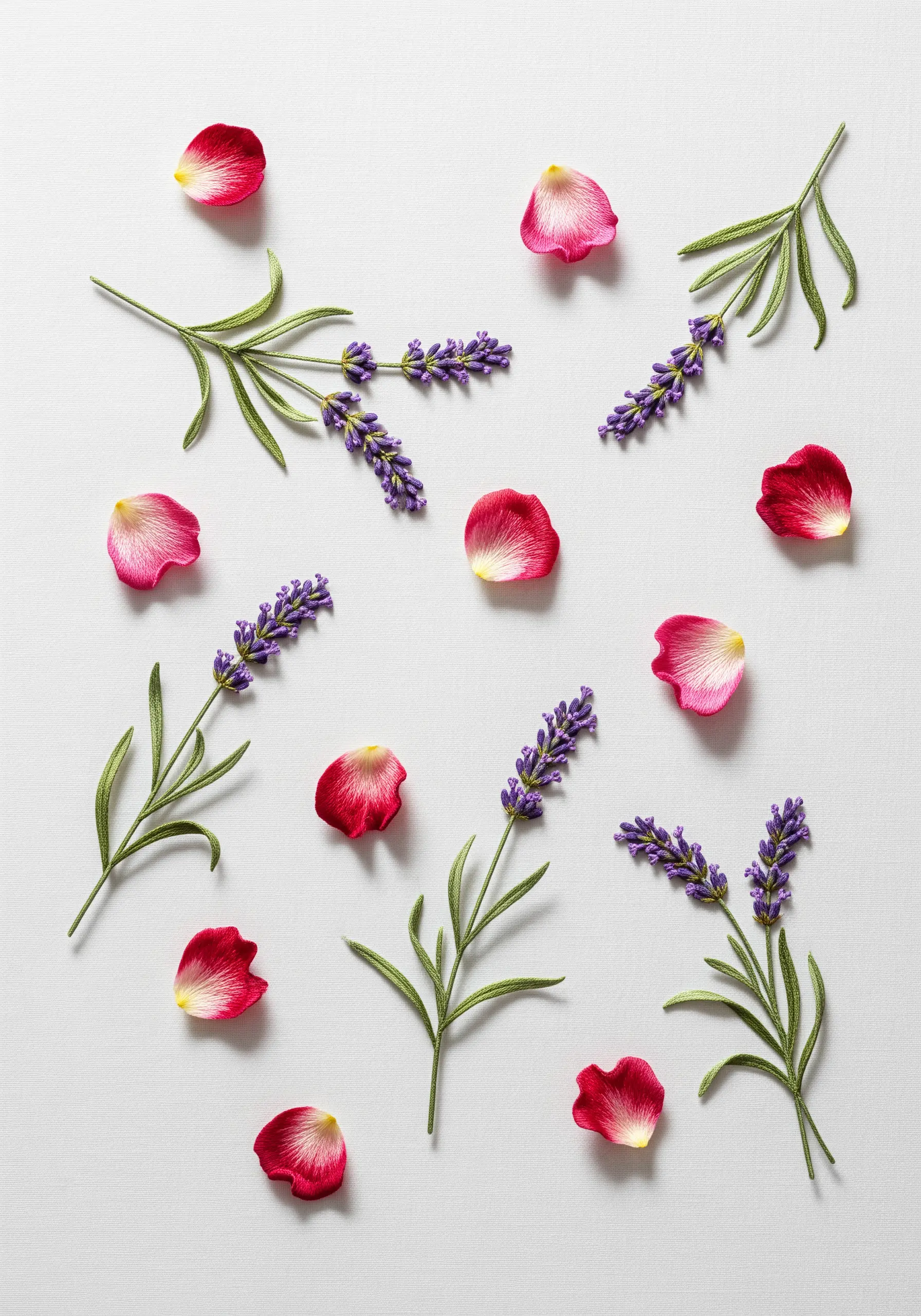 A whimsical pattern of scattered lavender sprigs and red rose petals on a white cloth.