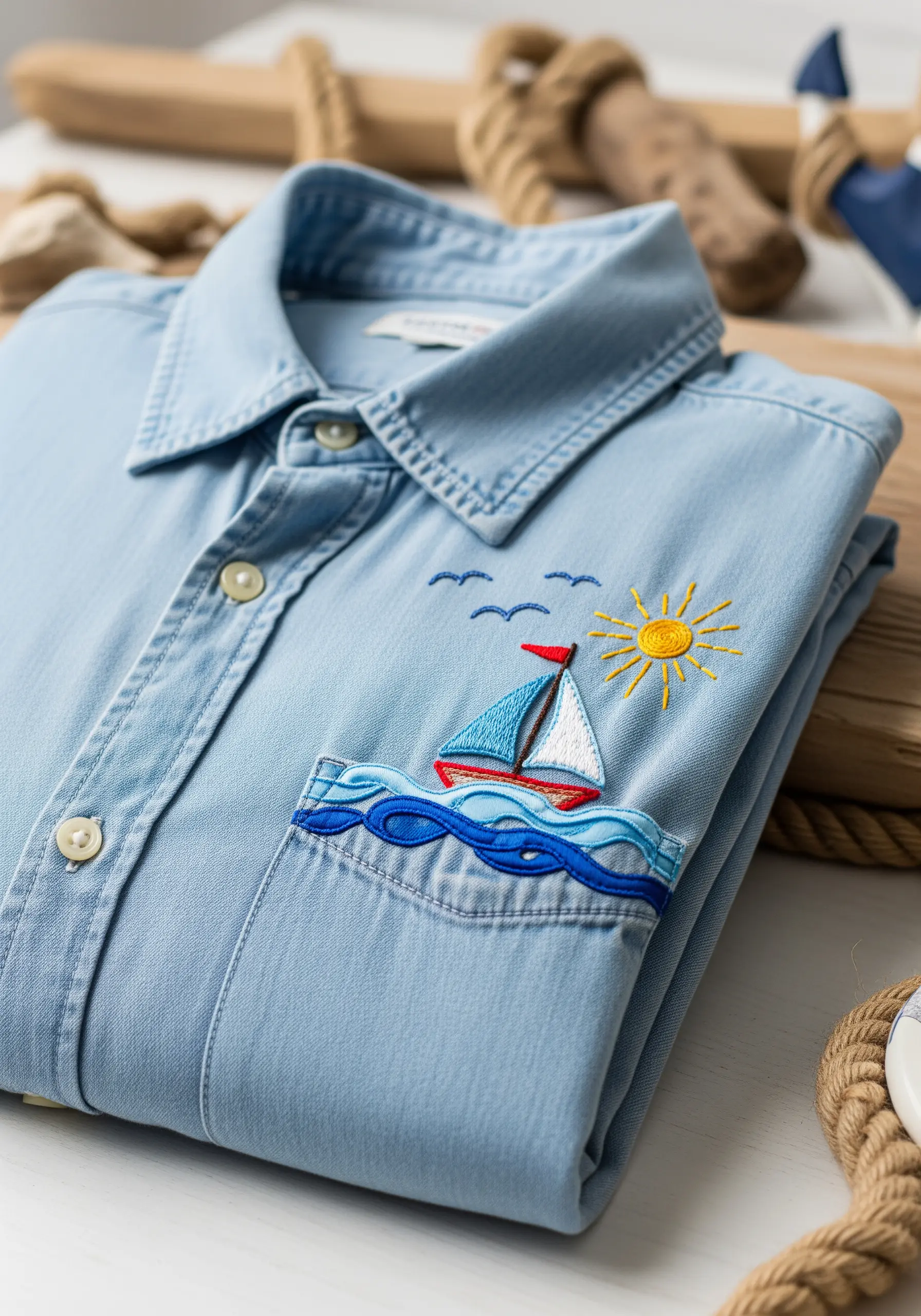 A small embroidered scene of a sailboat on waves with a sun, stitched on a chambray shirt pocket.