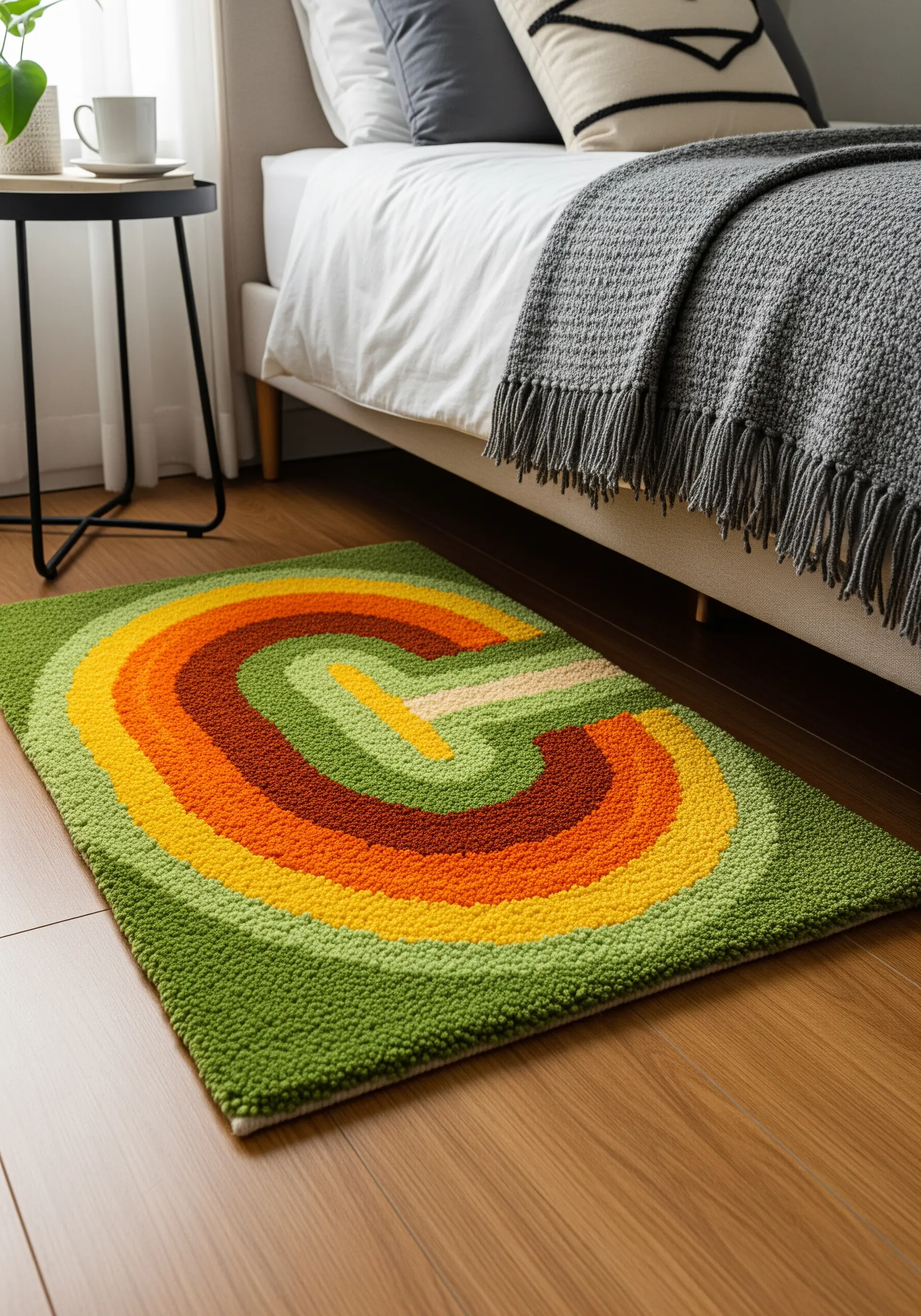 A retro-style punch needle rug with concentric, rounded stripes in shades of green, yellow, and orange.