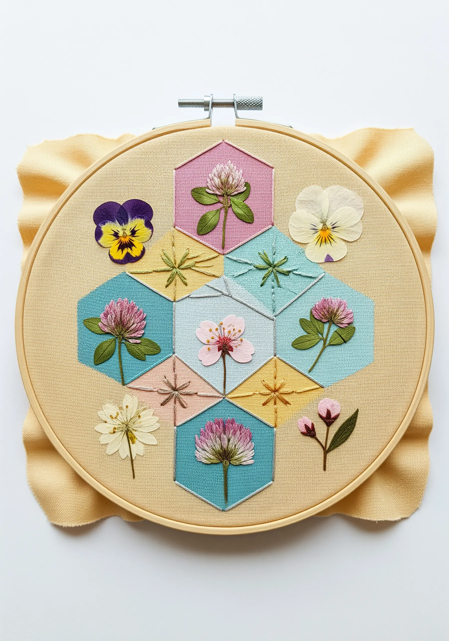 A hoop art piece with fabric hexagons, simple stitches, and real pressed flowers.