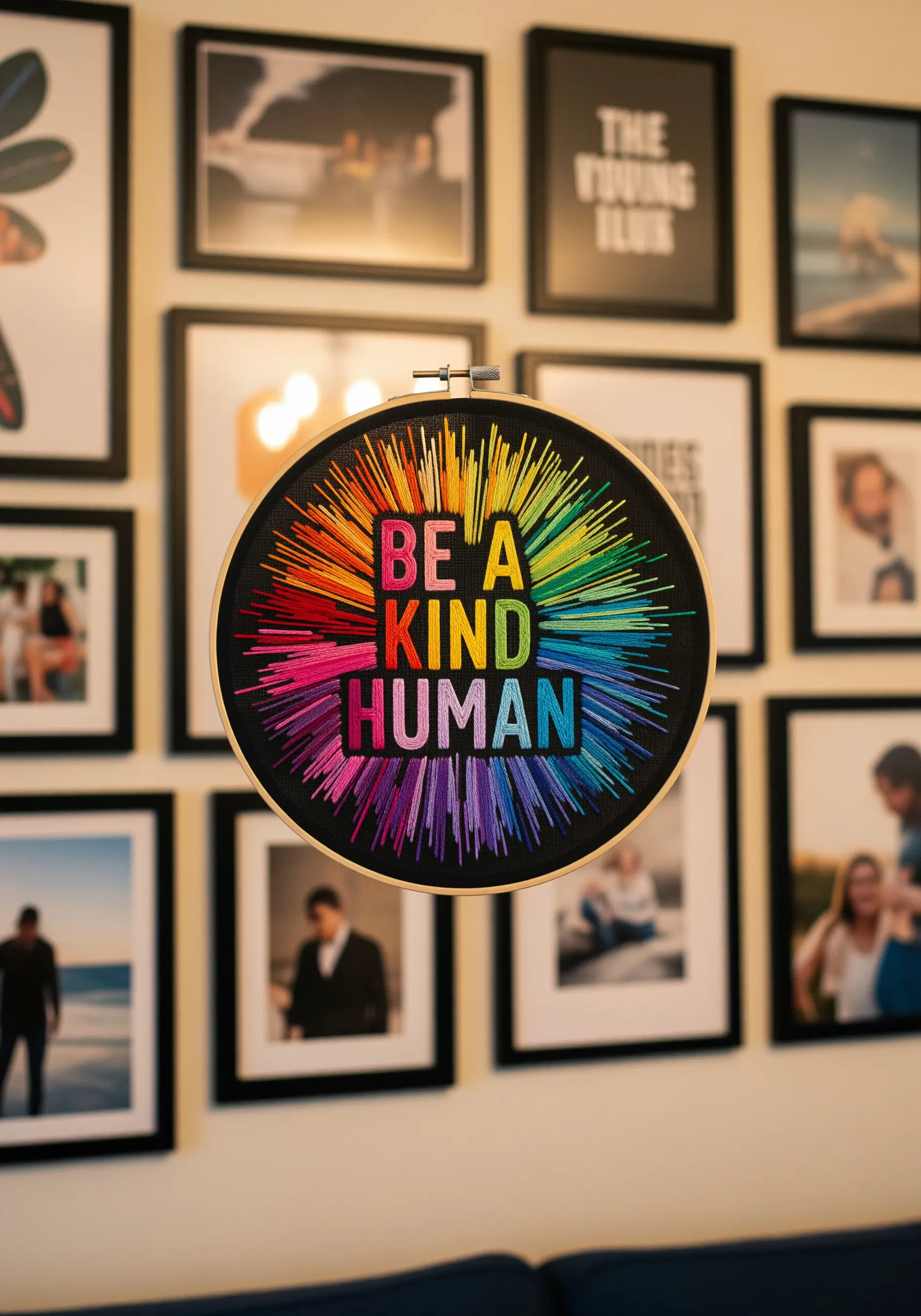 A quote with rainbow-colored thread stitched in a radiating sunburst pattern on black fabric.