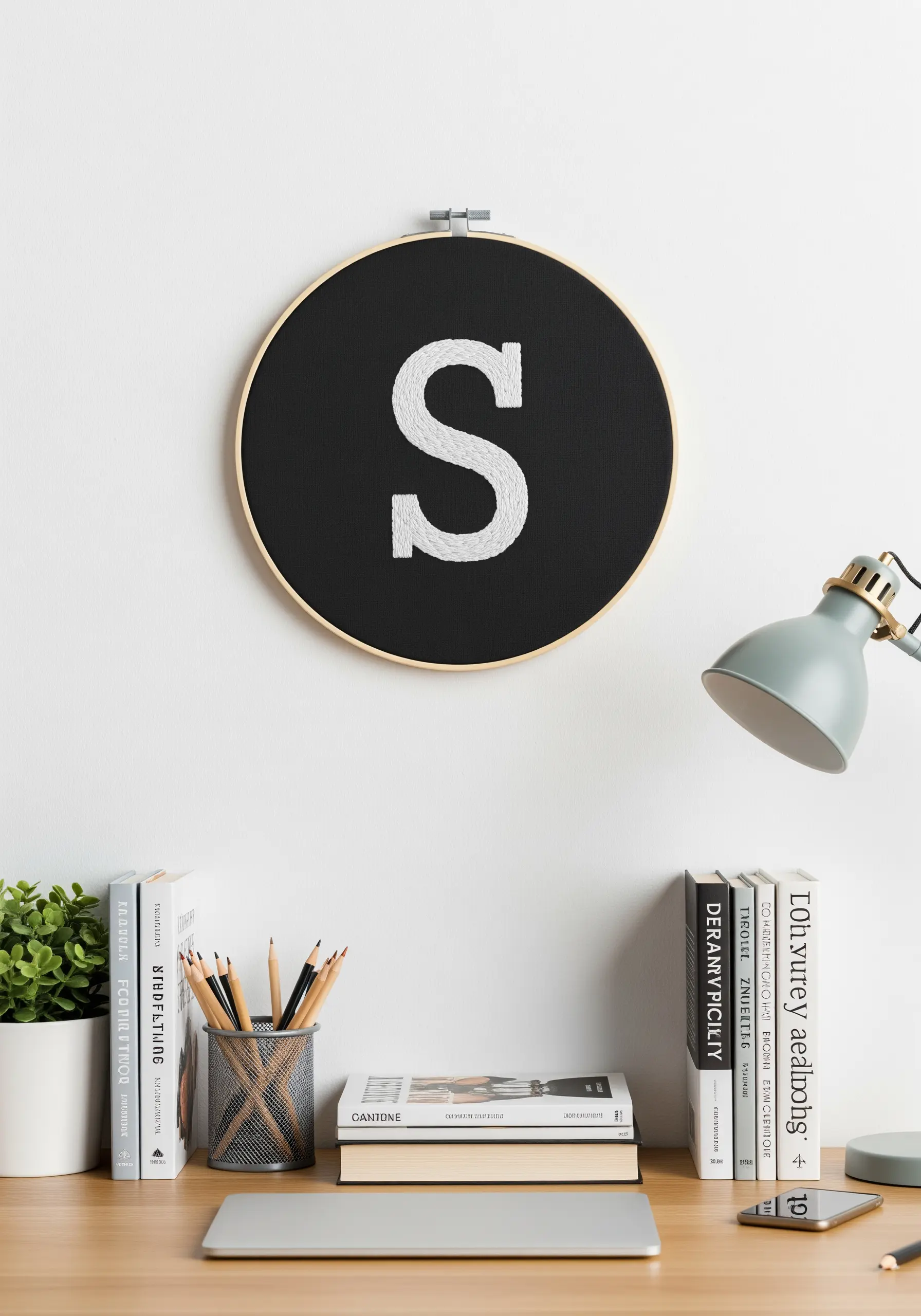 A bold, white embroidered 'S' monogram on a black background in a hoop.