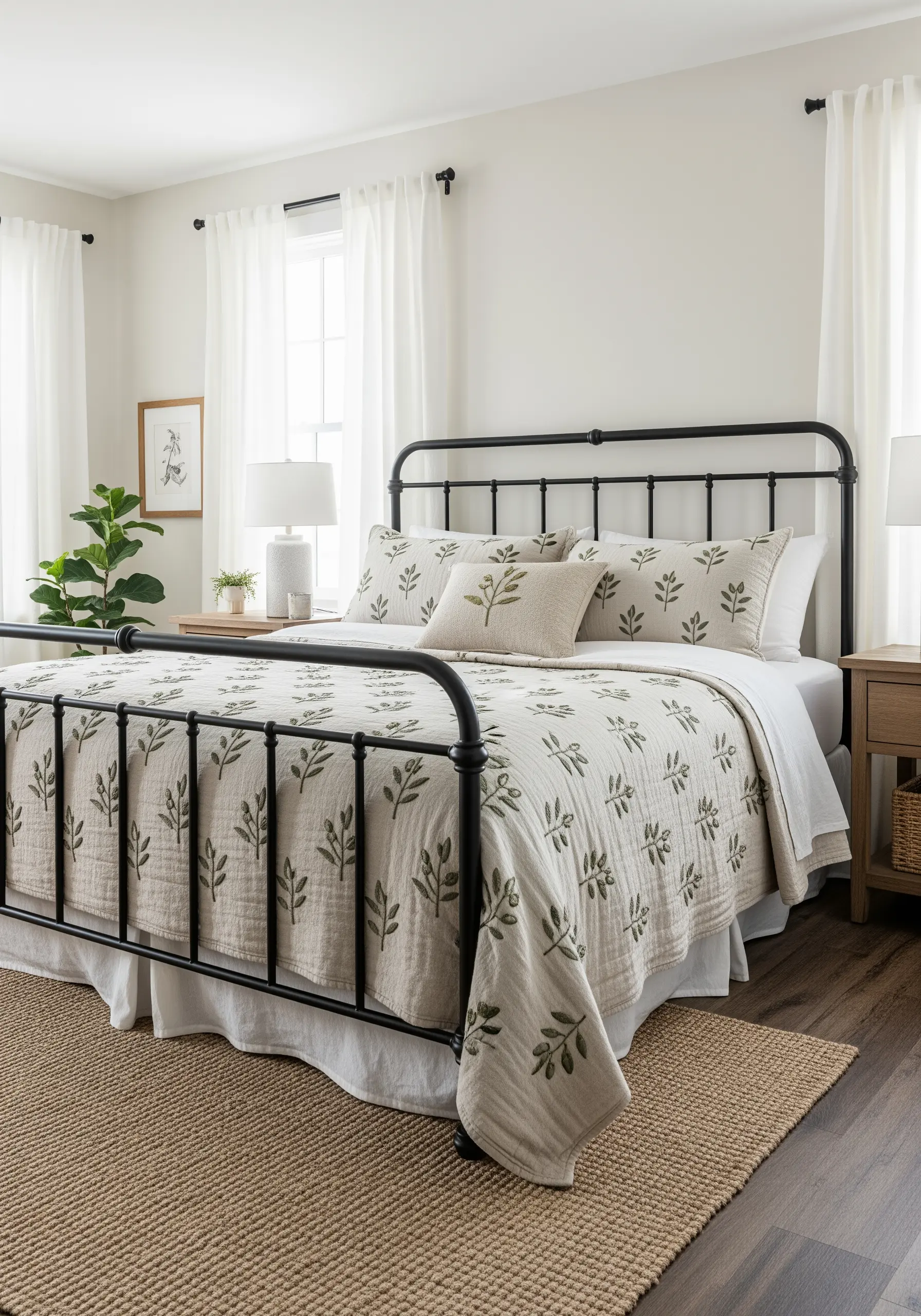 A cream-colored quilt with a repeating pattern of embroidered green leaves and branches.