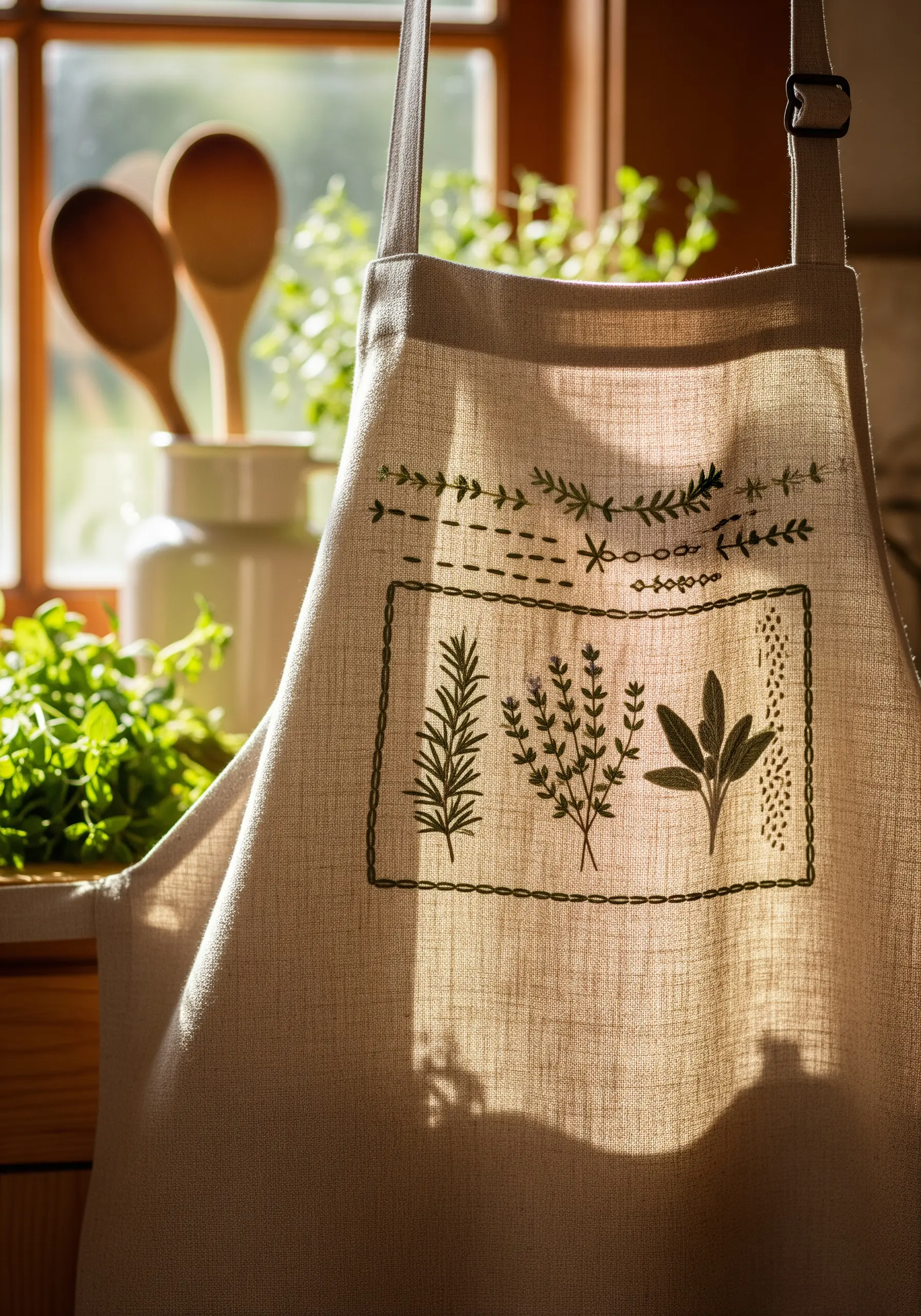 Embroidered herb sampler featuring rosemary, thyme, and sage on the pocket of a linen apron.