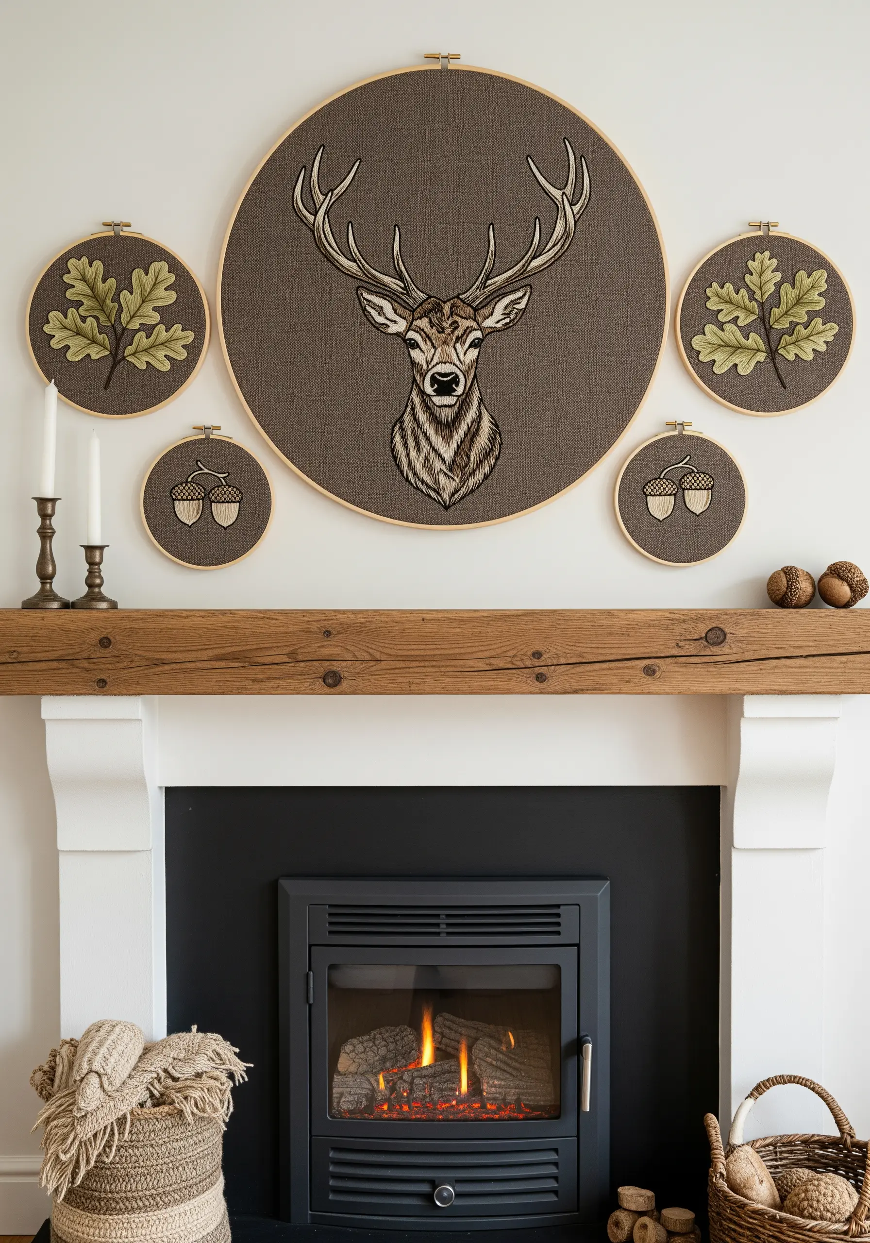 A large embroidered stag head surrounded by smaller hoops of oak leaves above a fireplace.