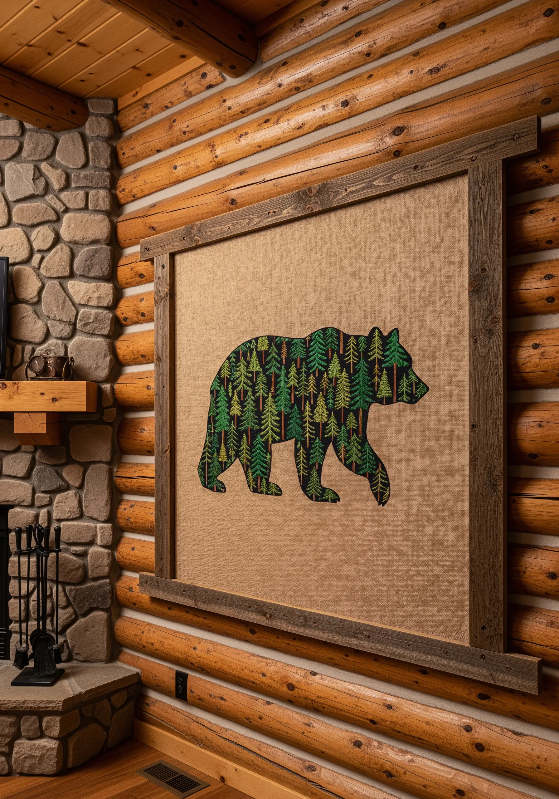 A large, rustic framed piece featuring a bear silhouette filled with a pattern of tiny embroidered trees.