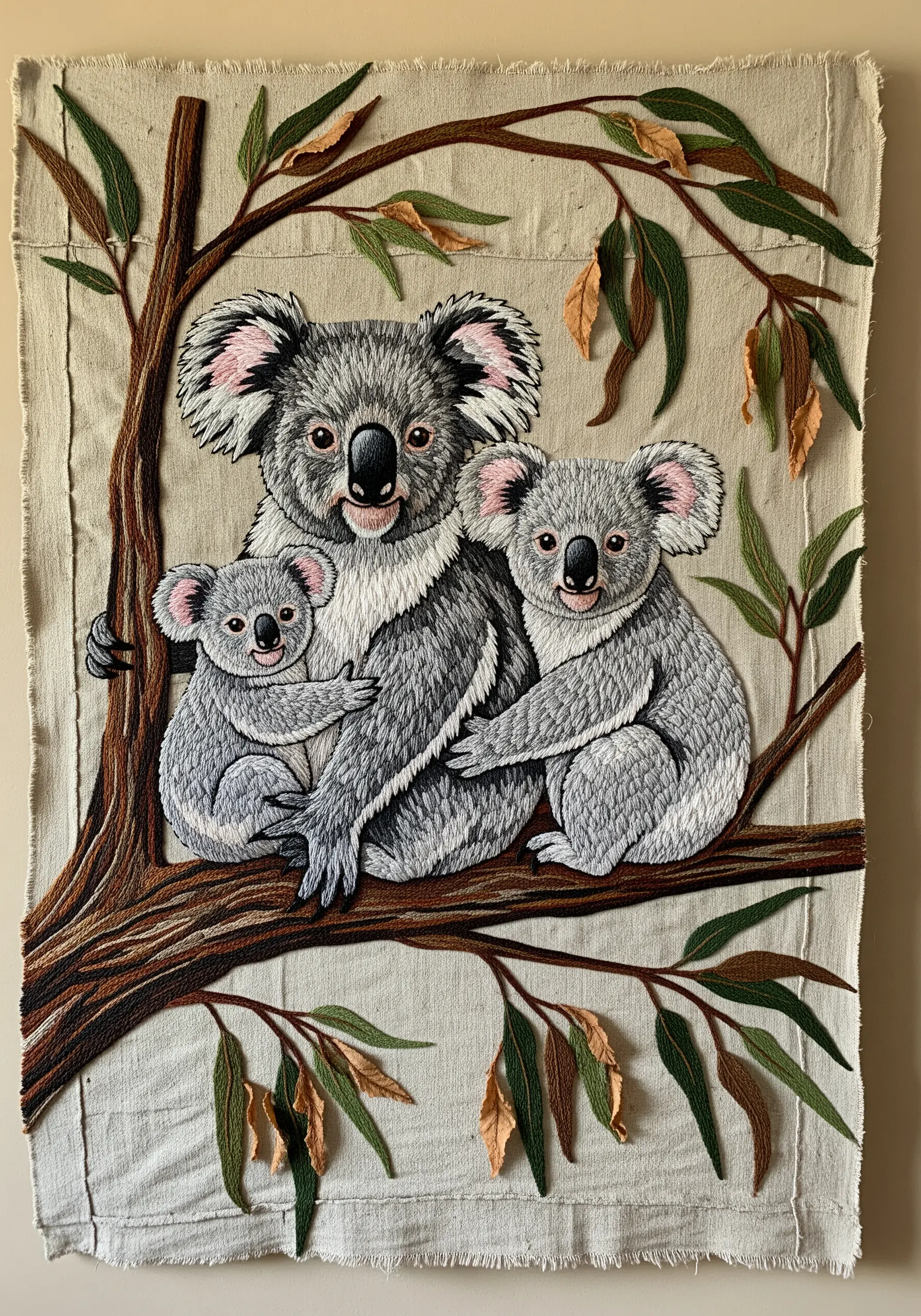 A large embroidered wall hanging of a koala family in a tree with some appliqué leaves.