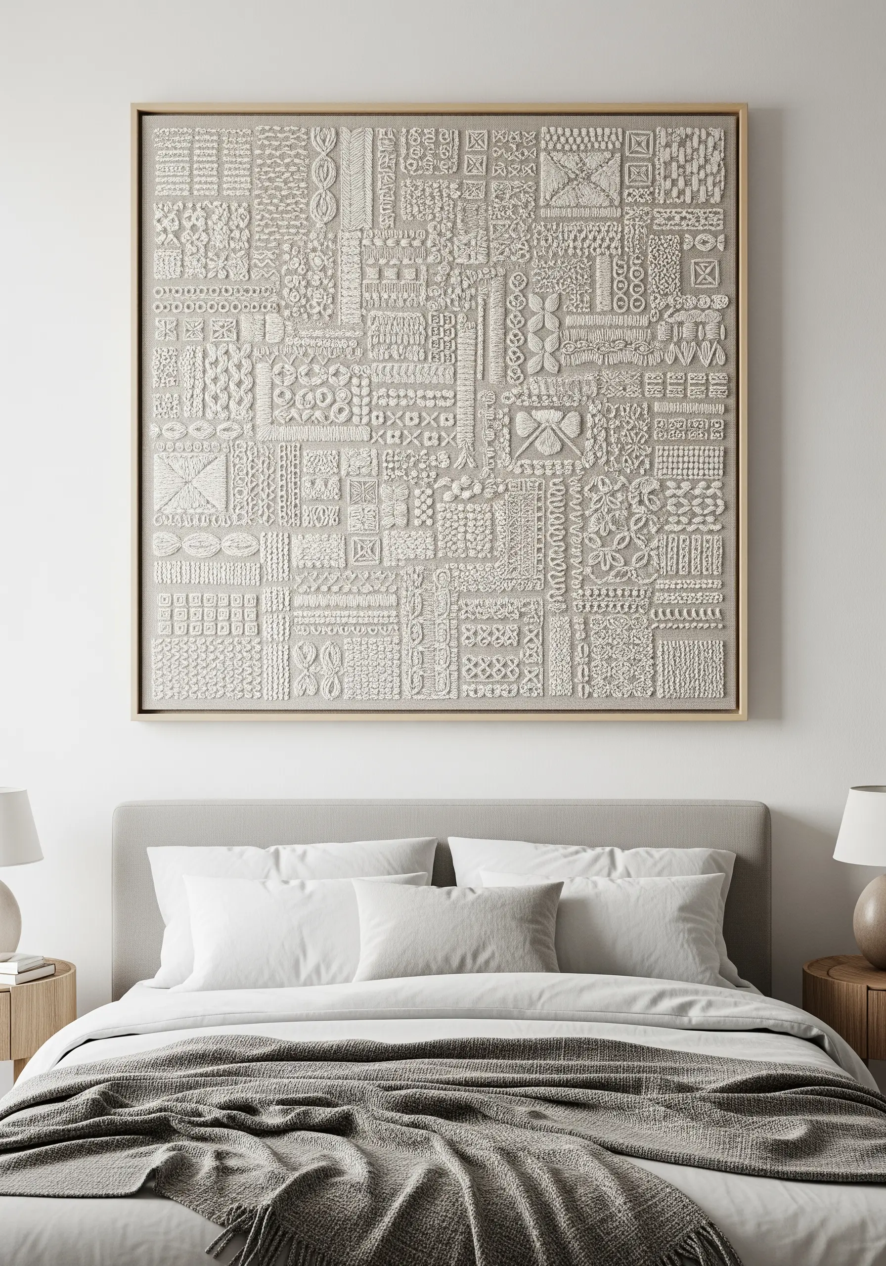 A large, framed monochromatic white-on-white embroidery sampler with diverse stitch textures.