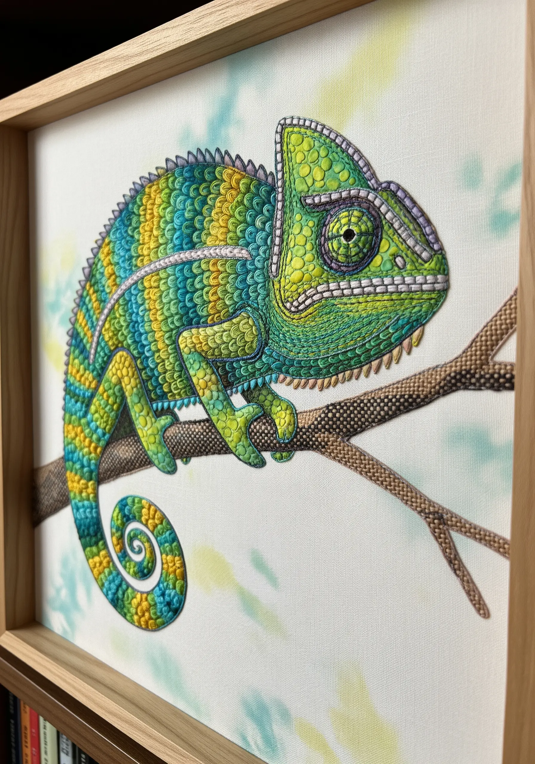 A close-up of a chameleon with its skin textured by dense, colorful French knots.