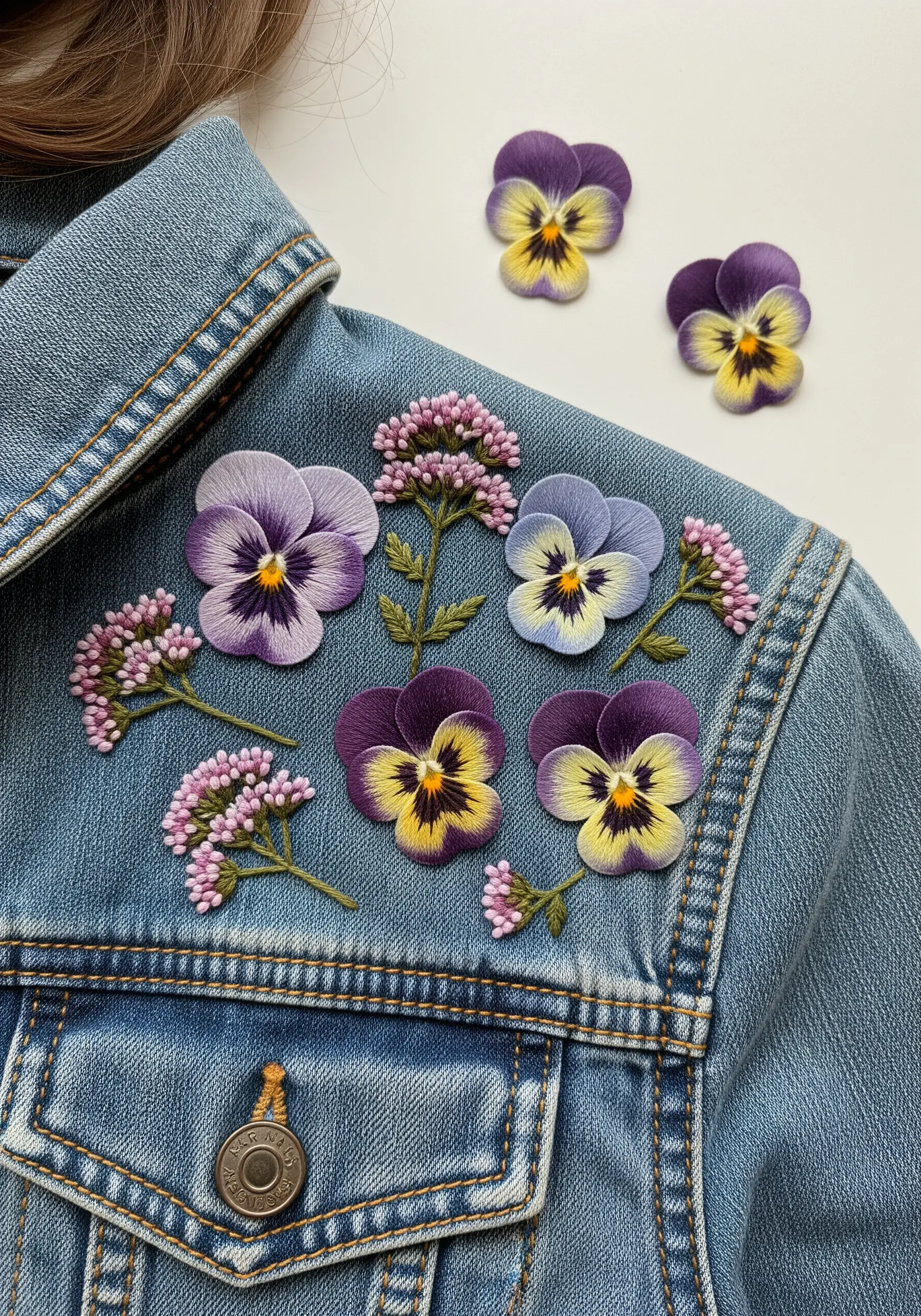Three-dimensional embroidered pansies scattered across the shoulder of a denim jacket.