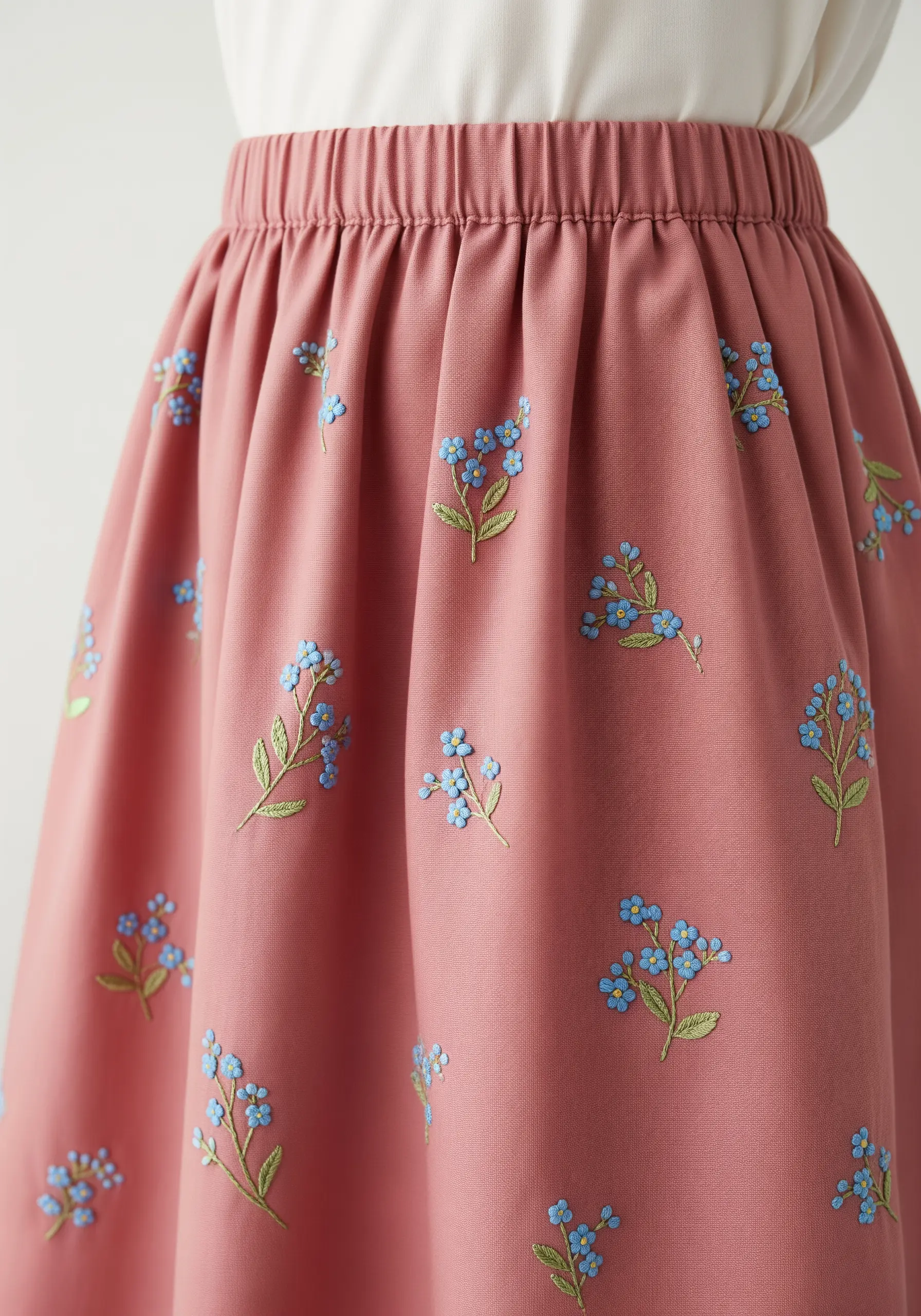 Scattered sprigs of blue forget-me-not flowers embroidered on a pink skirt.