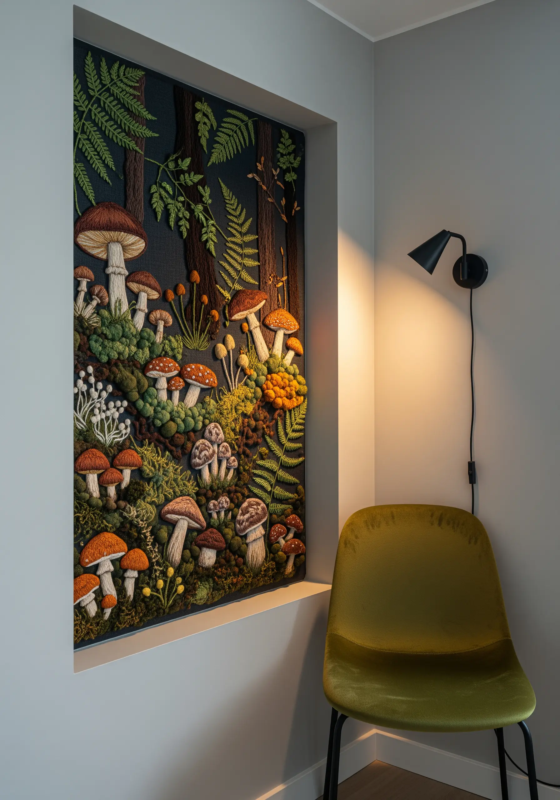 Highly detailed and textured embroidery of a forest floor with mushrooms and ferns in a wall niche.