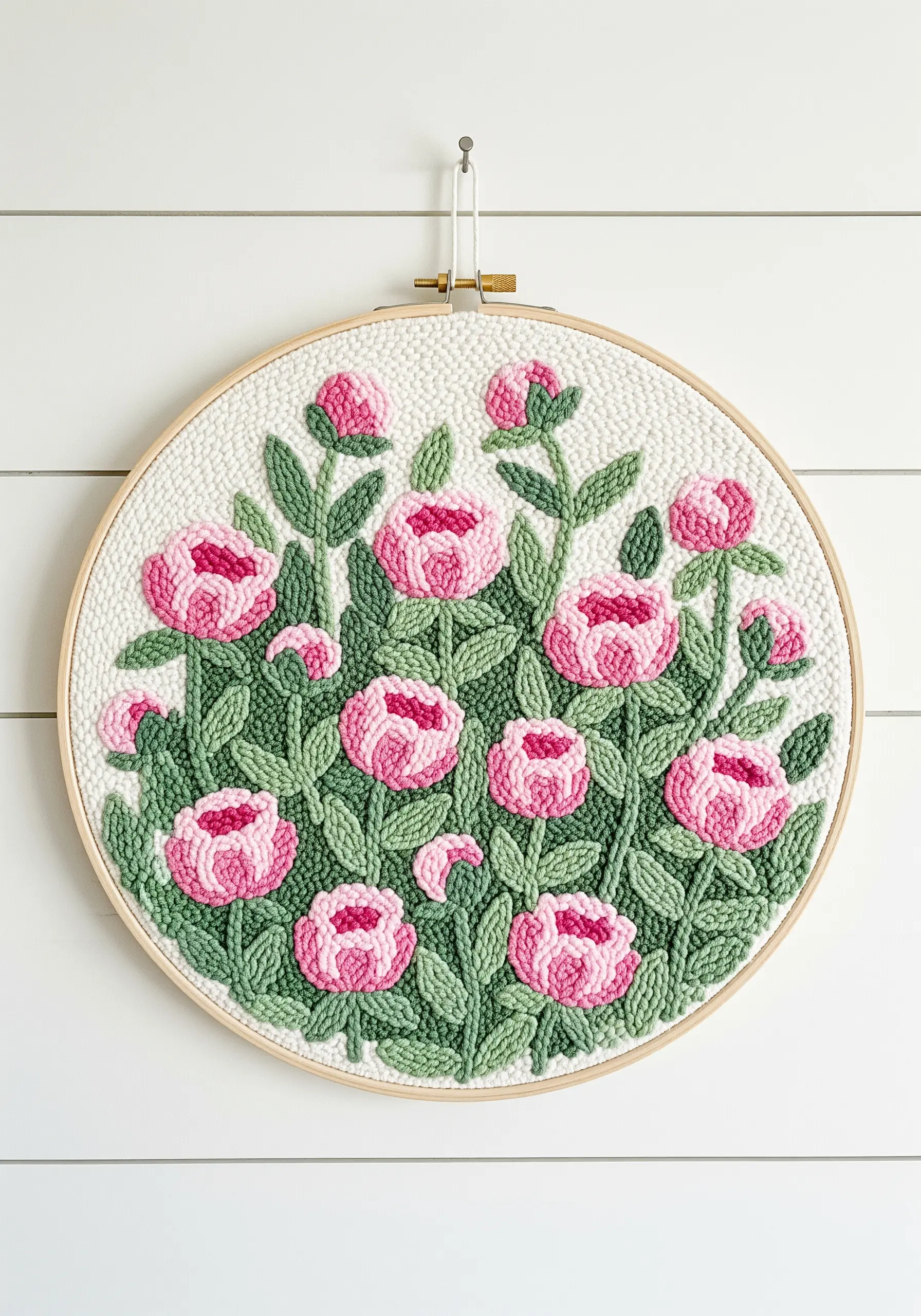 Punch needle embroidery hoop featuring a field of pink peonies with varied loop heights.
