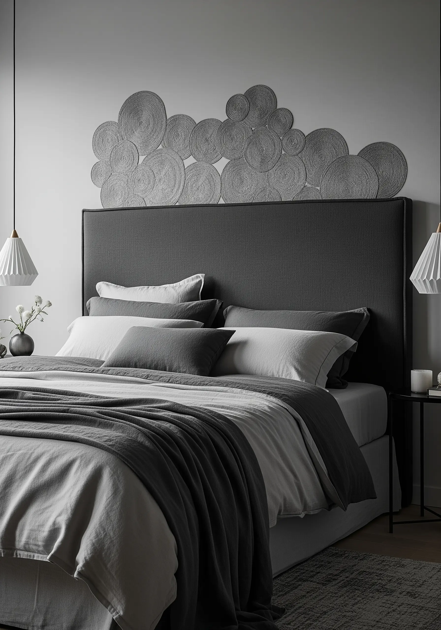 A headboard made of coiled and stitched grey rope discs creating a cloud-like shape.