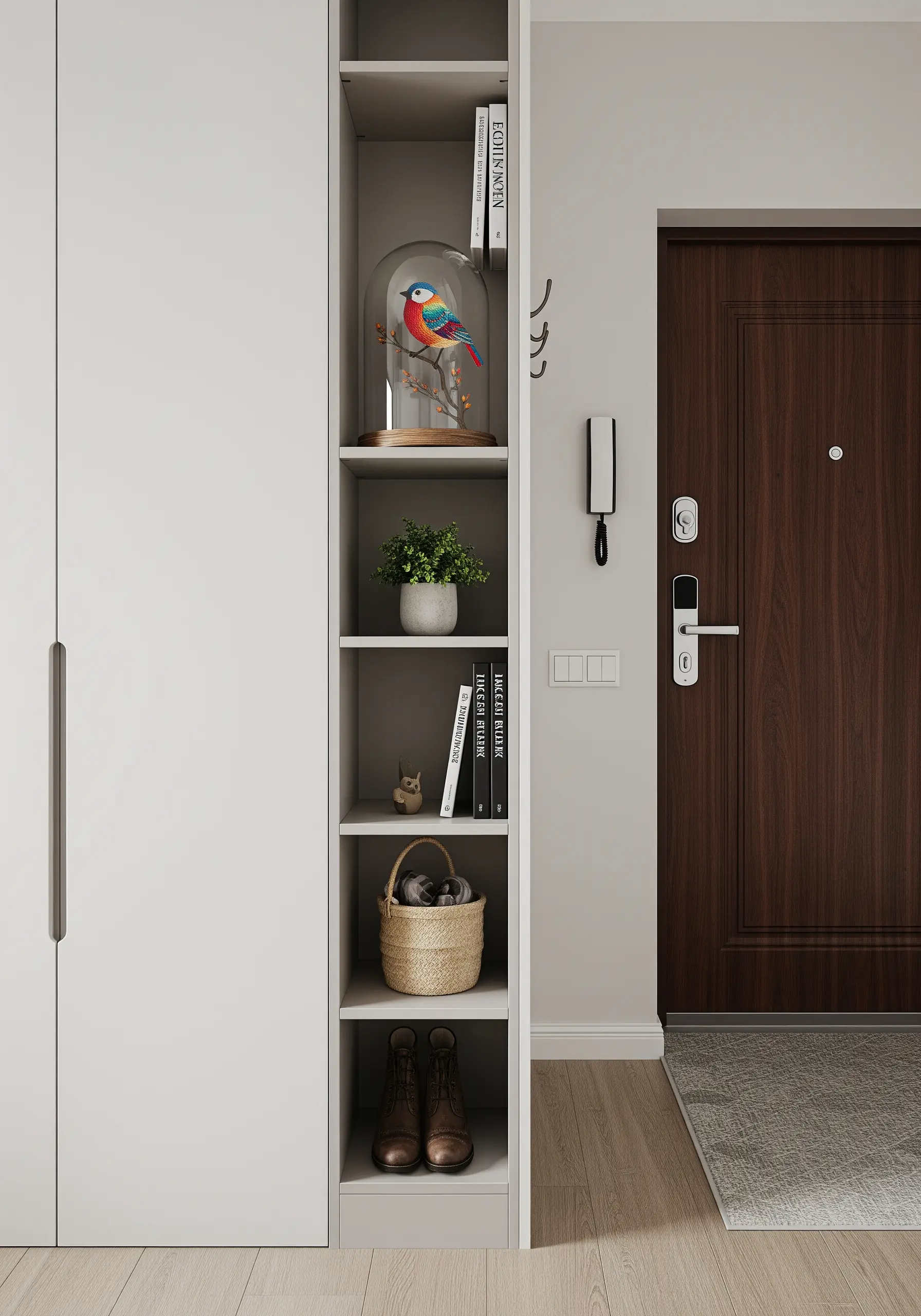 A colorful, 3D embroidered bird sitting on a branch, displayed under a glass cloche on a shelf.
