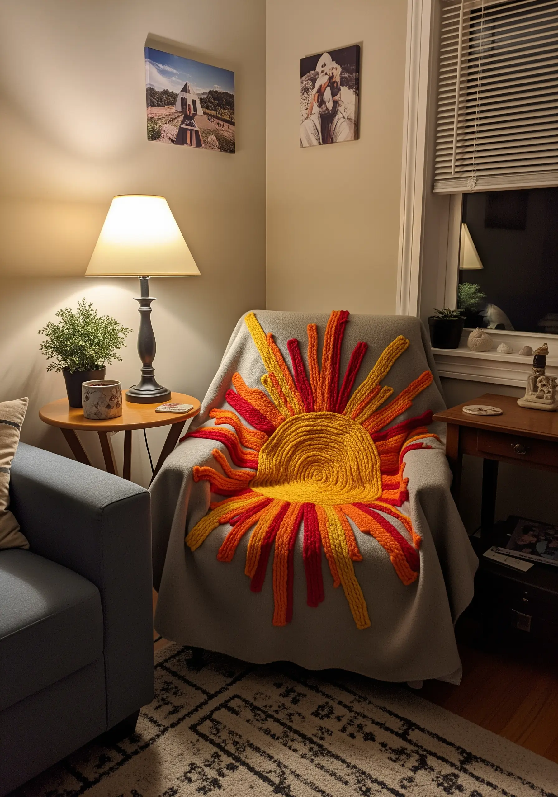 A grey chair with a blanket featuring a large, textural sun made from chunky yarn.