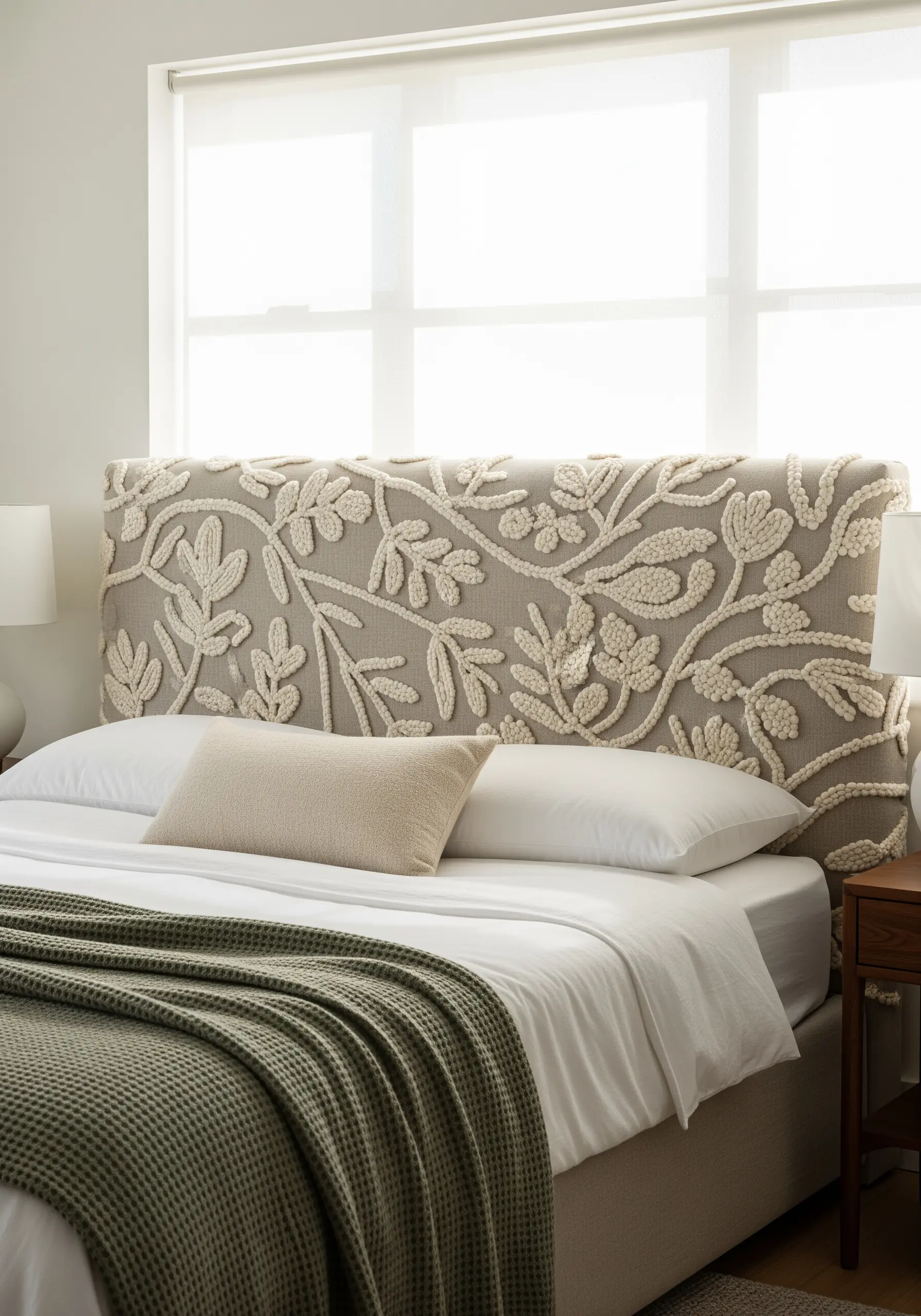 A neutral-toned, upholstered headboard with high-relief, sculptural embroidered leaf patterns.